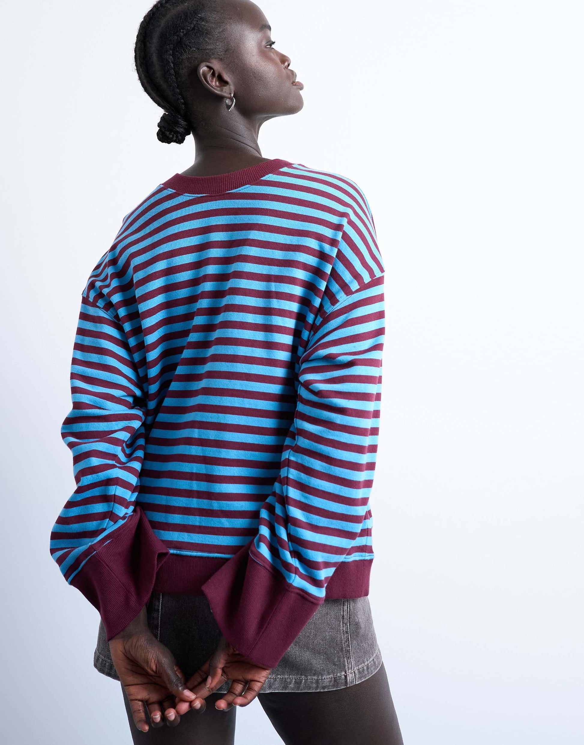 Topshop stripe oversized deep cuff sweat in blue and burgundy
