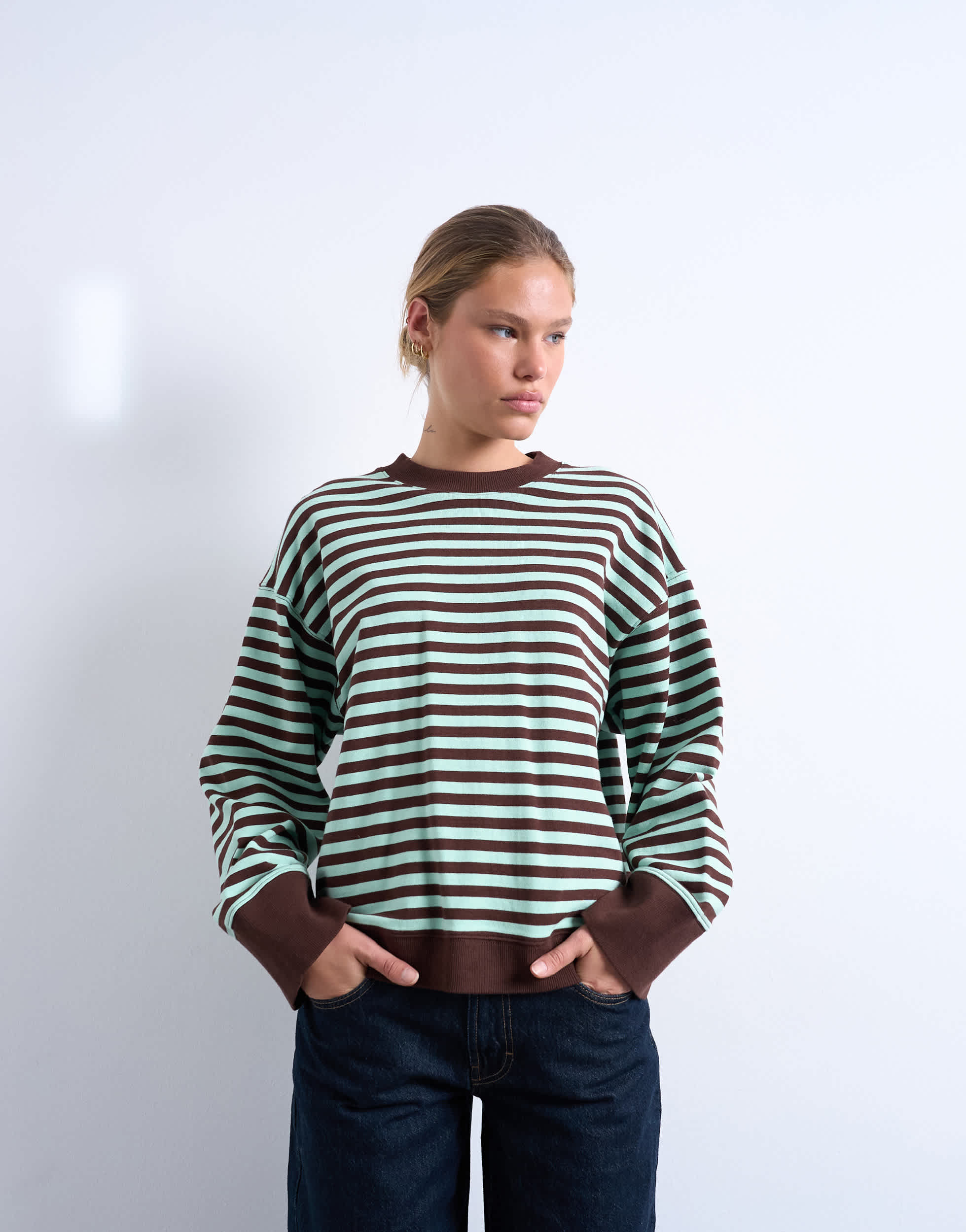 Topshop stripe oversized deep cuff sweat in mint and chocolate