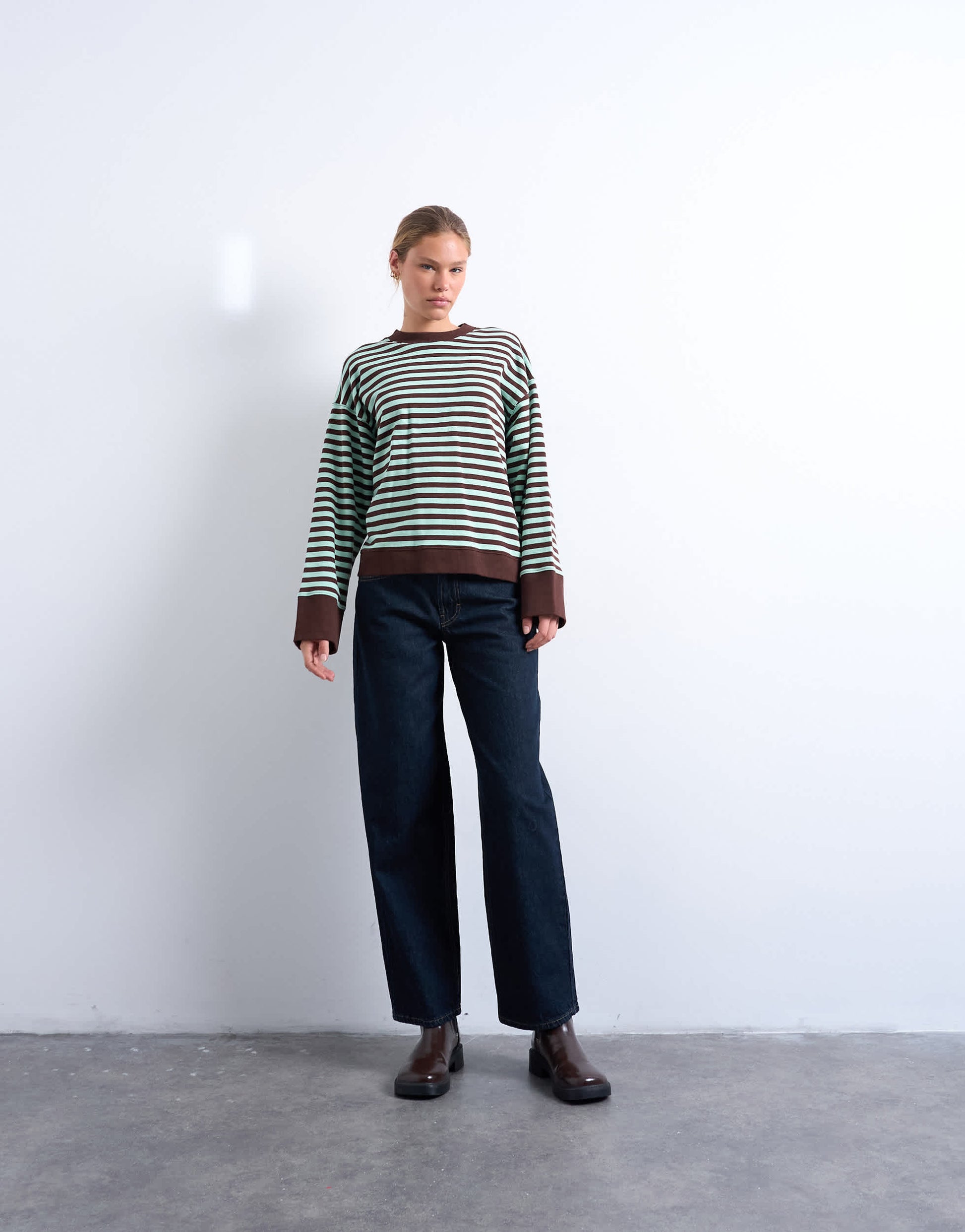 Topshop stripe oversized deep cuff sweat in mint and chocolate
