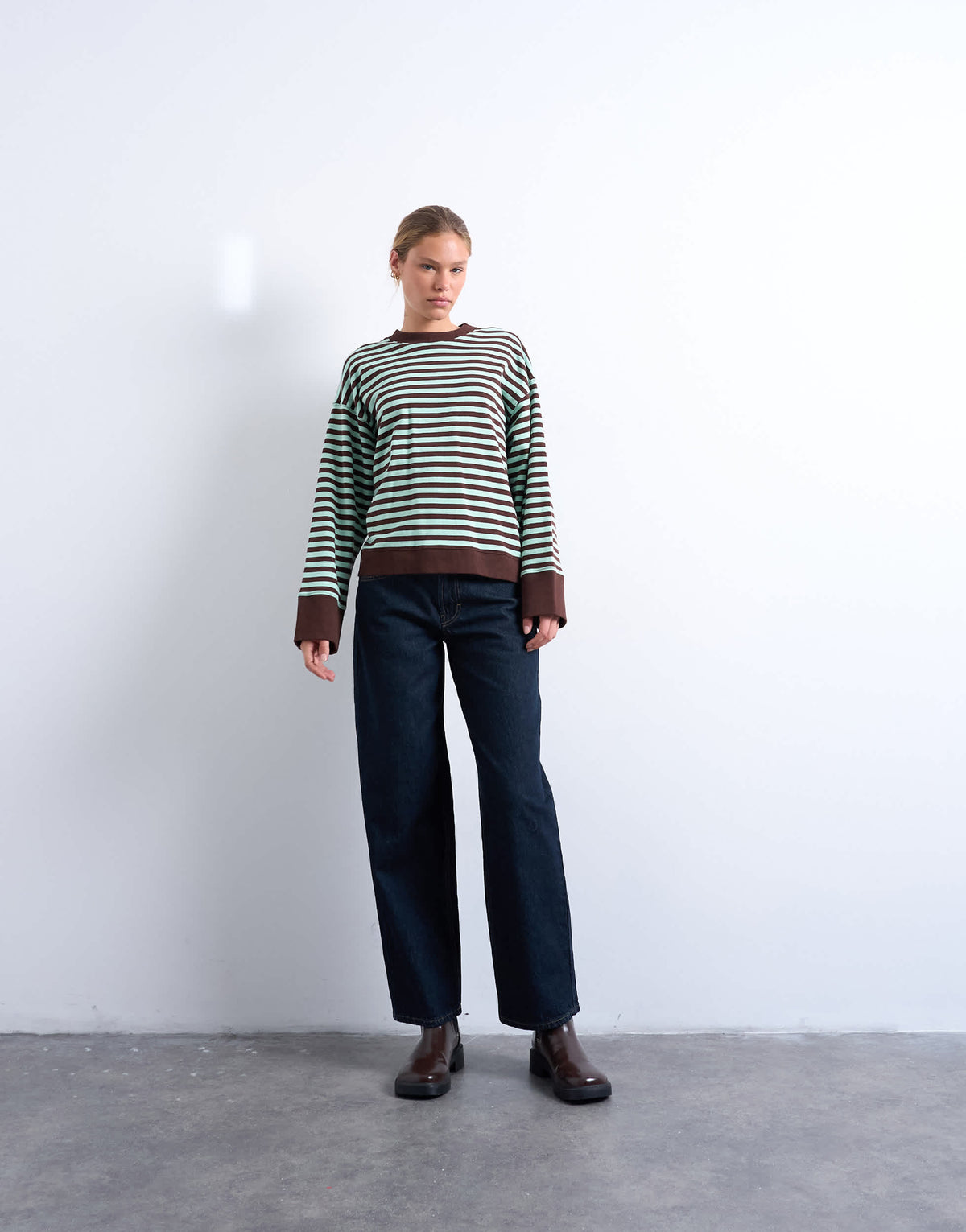 Topshop stripe oversized deep cuff sweat in mint and chocolate