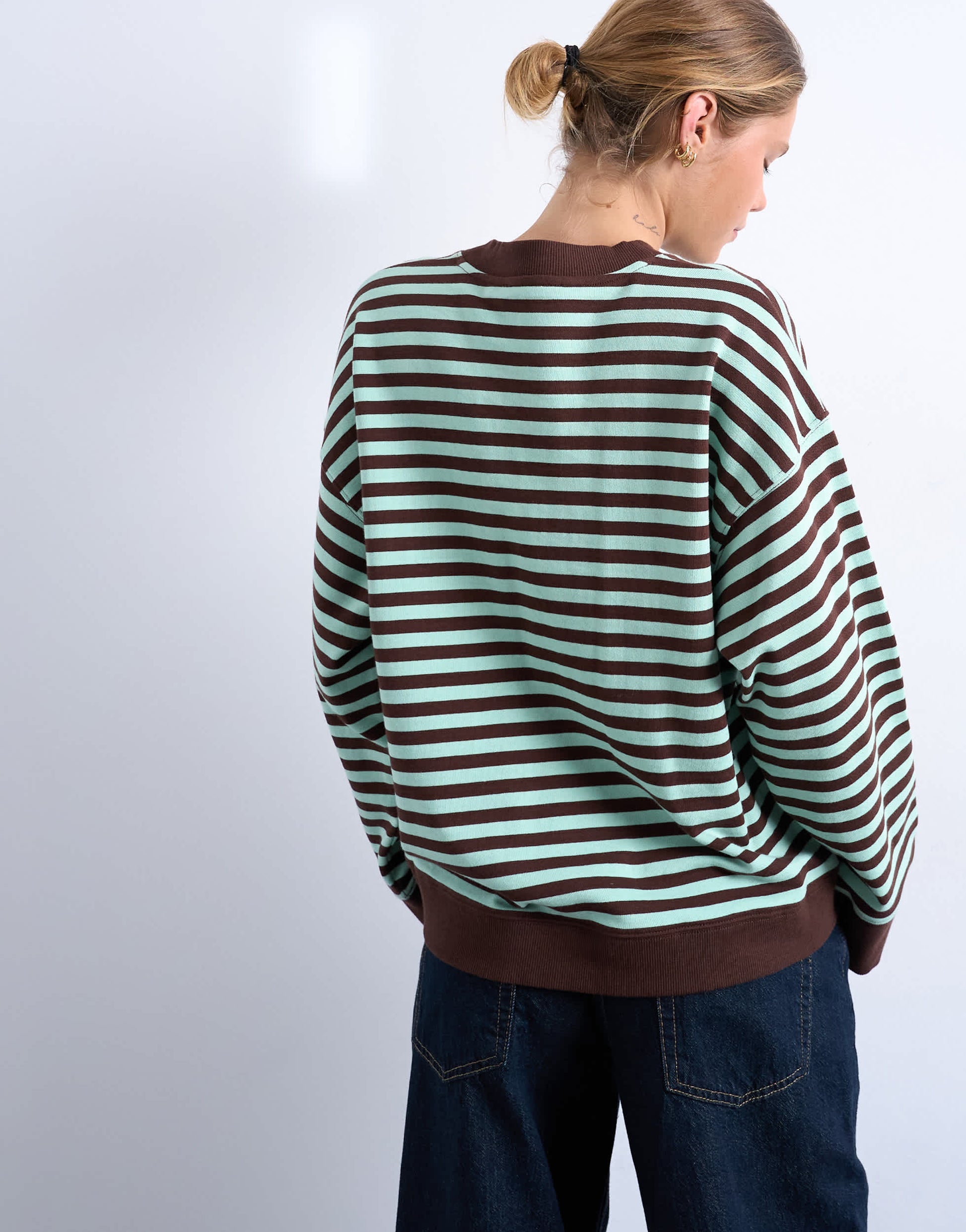 Topshop stripe oversized deep cuff sweat in mint and chocolate