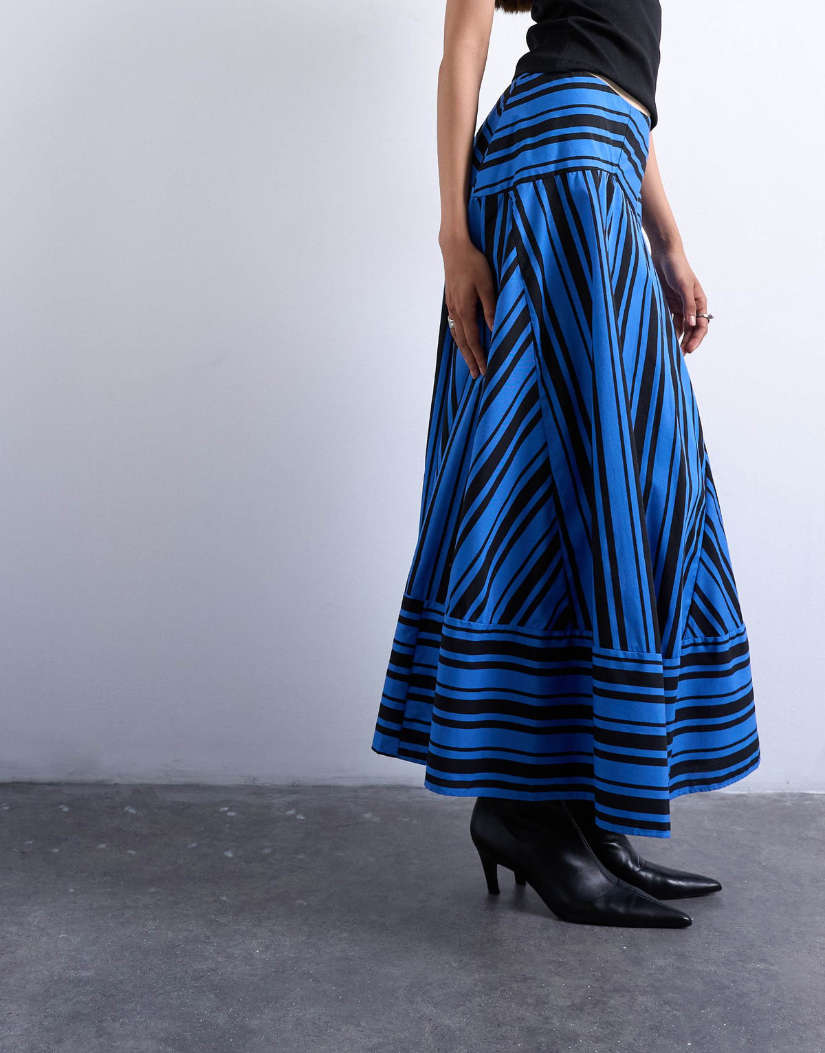 Topshop full circle cut about maxi skirt in blue and black stripe