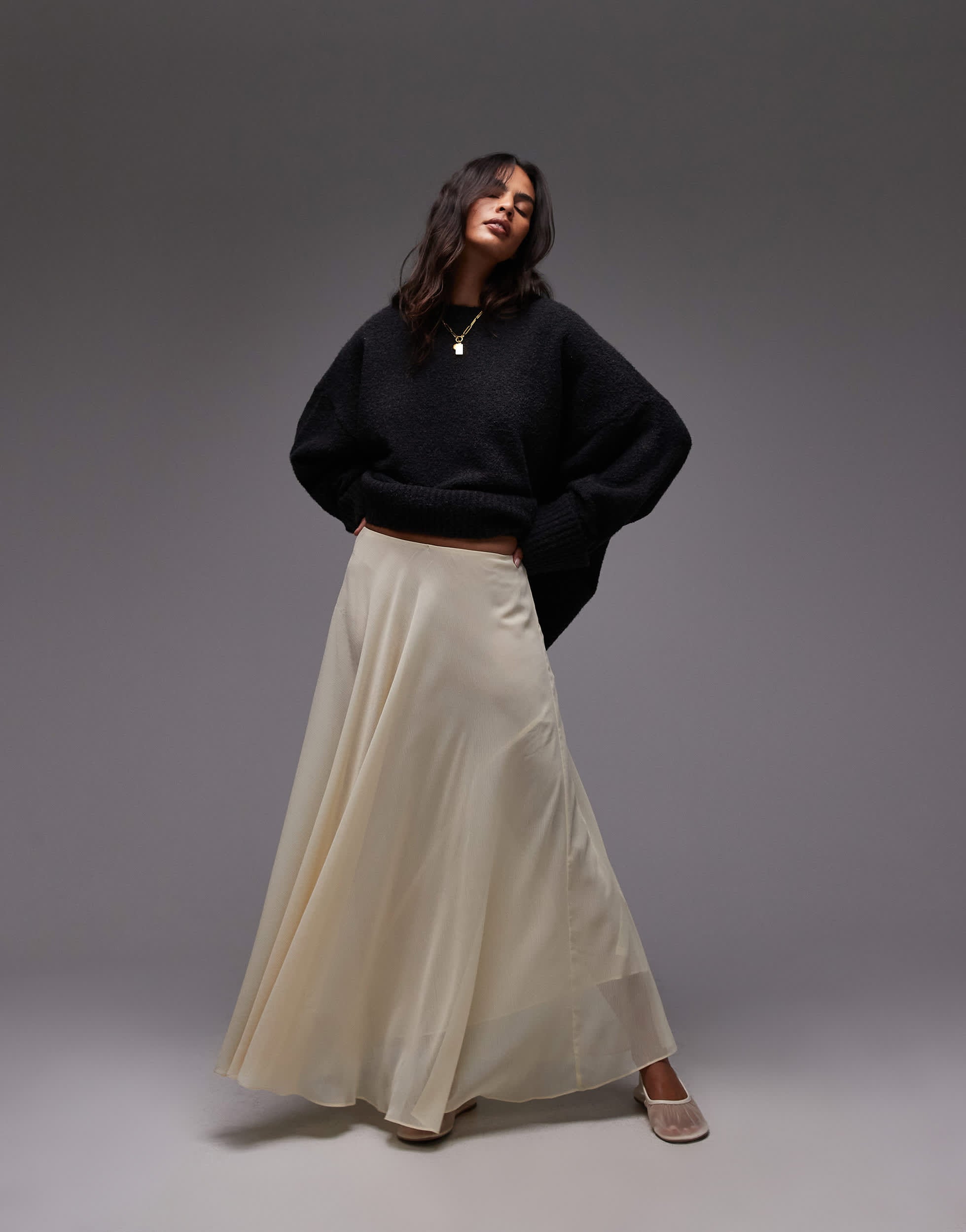 Topshop transparenter Chiffonrock mit weitem Kreis in Buttermilch