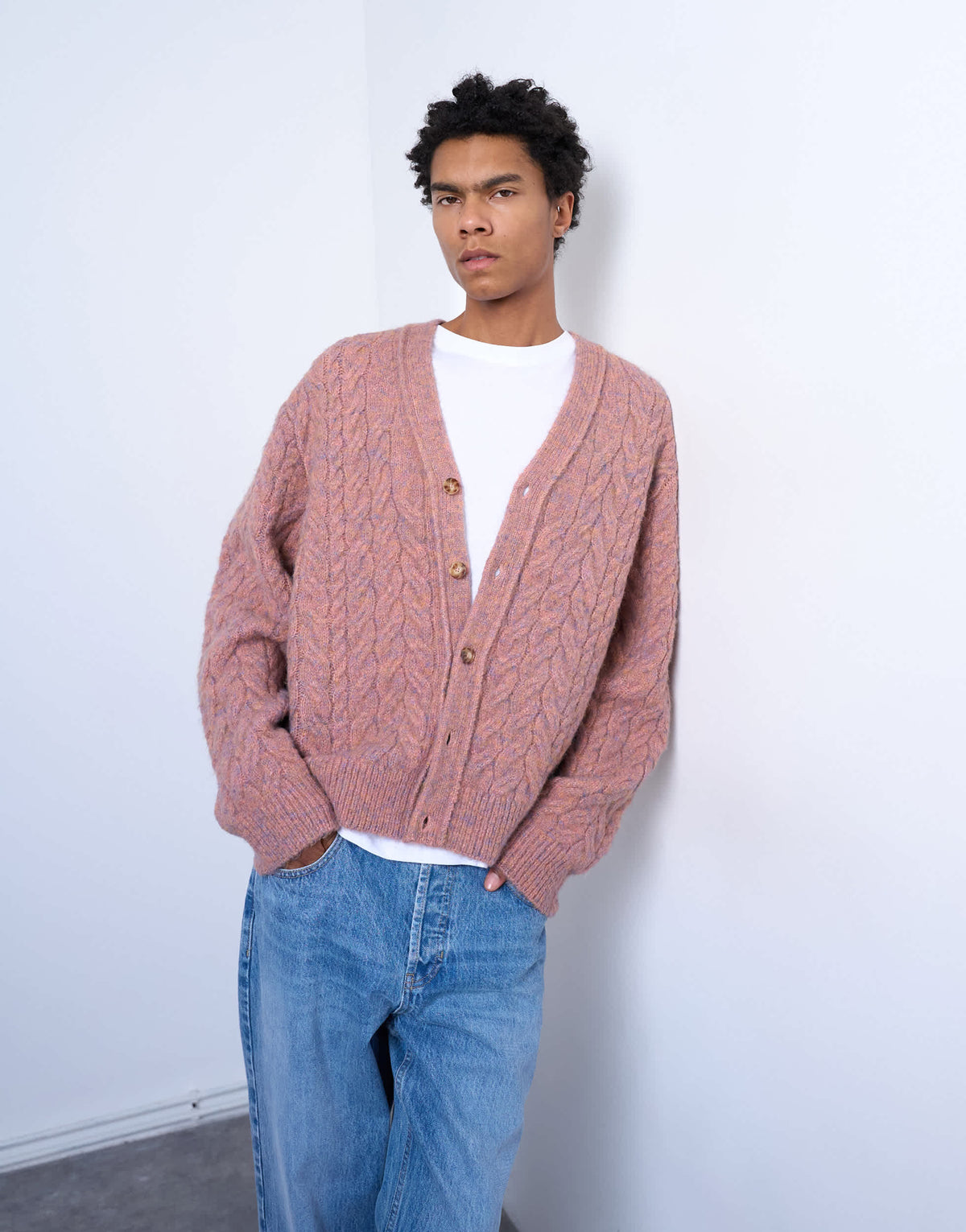 Topman regular fit cable knitted cardigan in pink