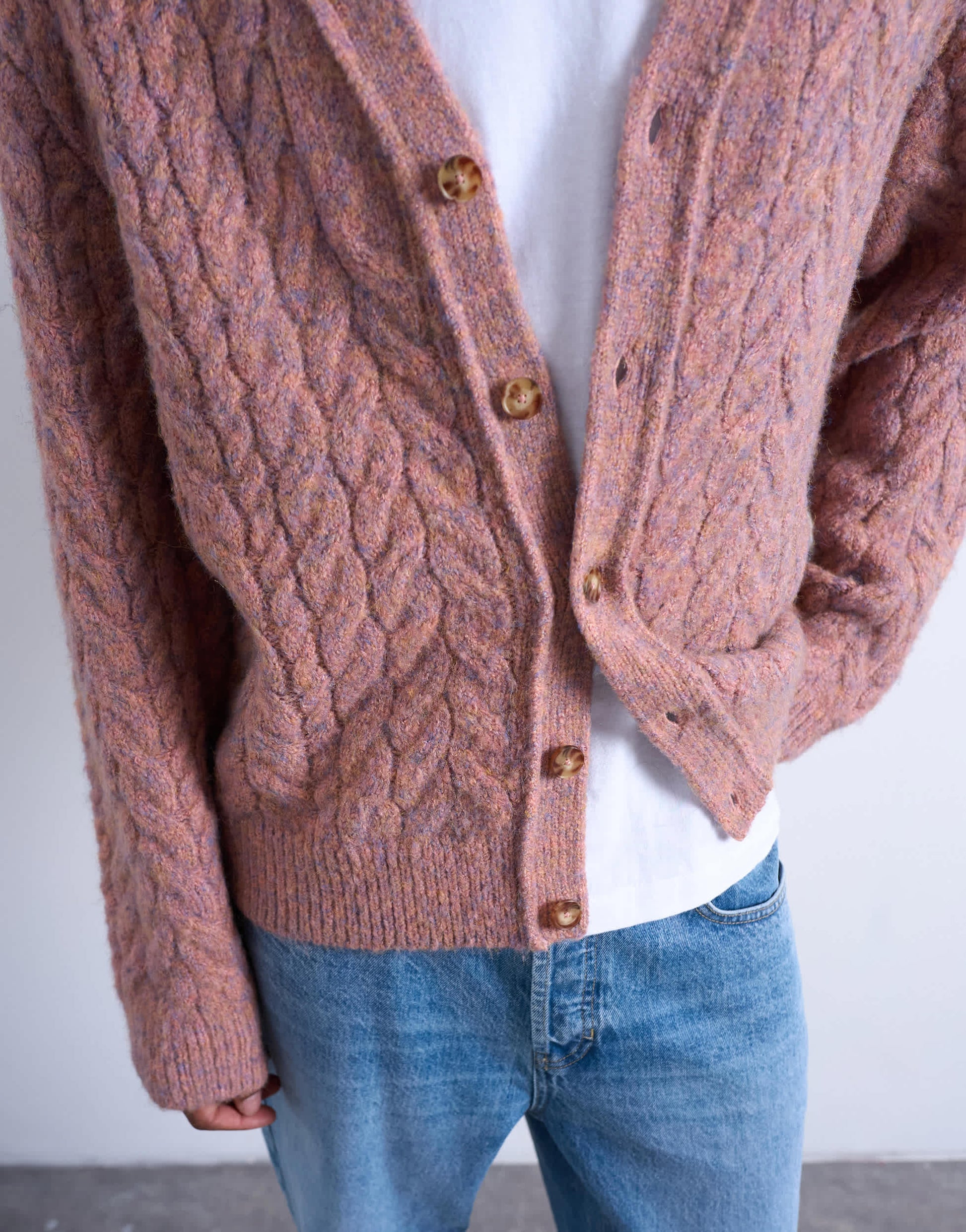 Topman regular fit cable knitted cardigan in pink