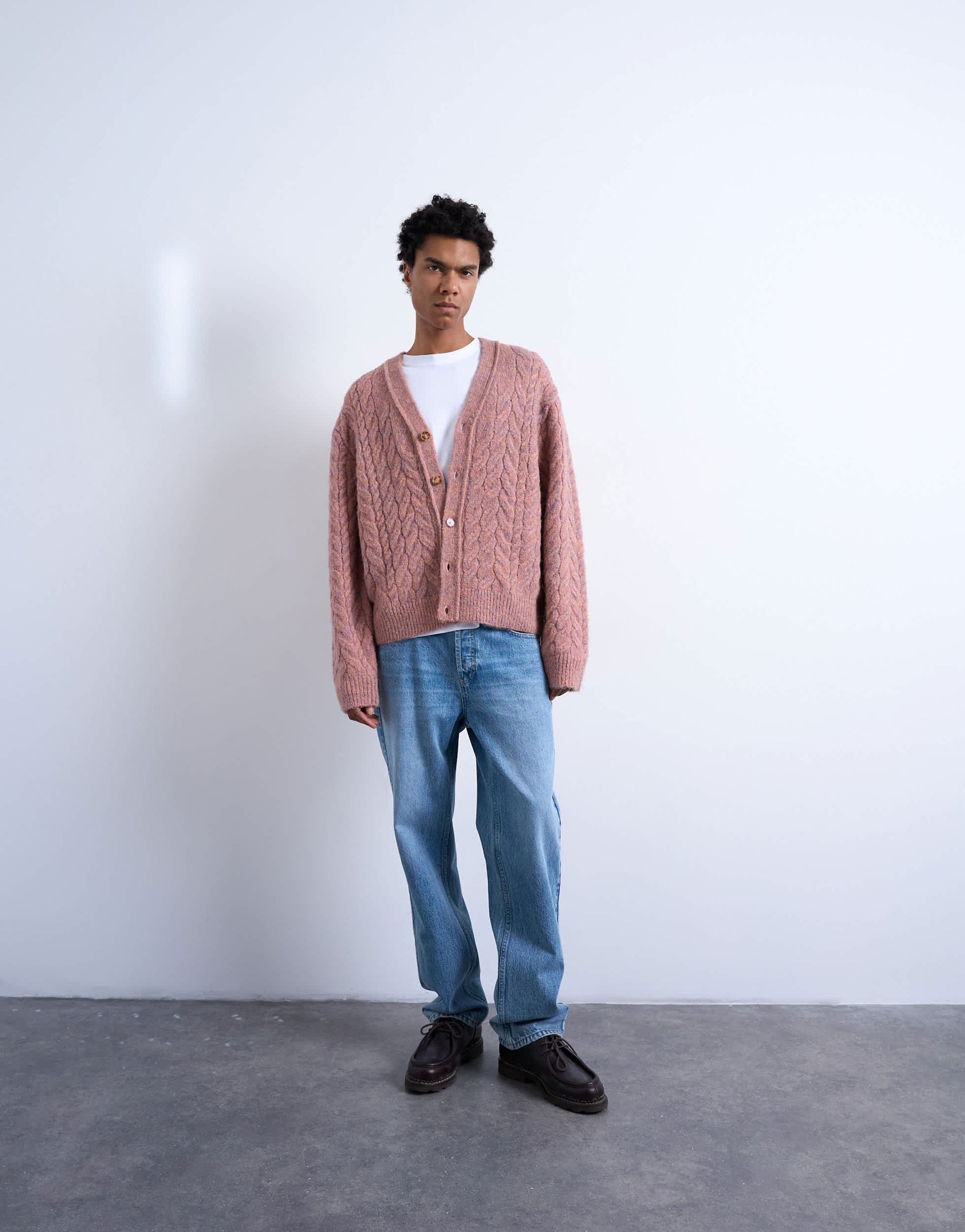 Topman regular fit cable knitted cardigan in pink