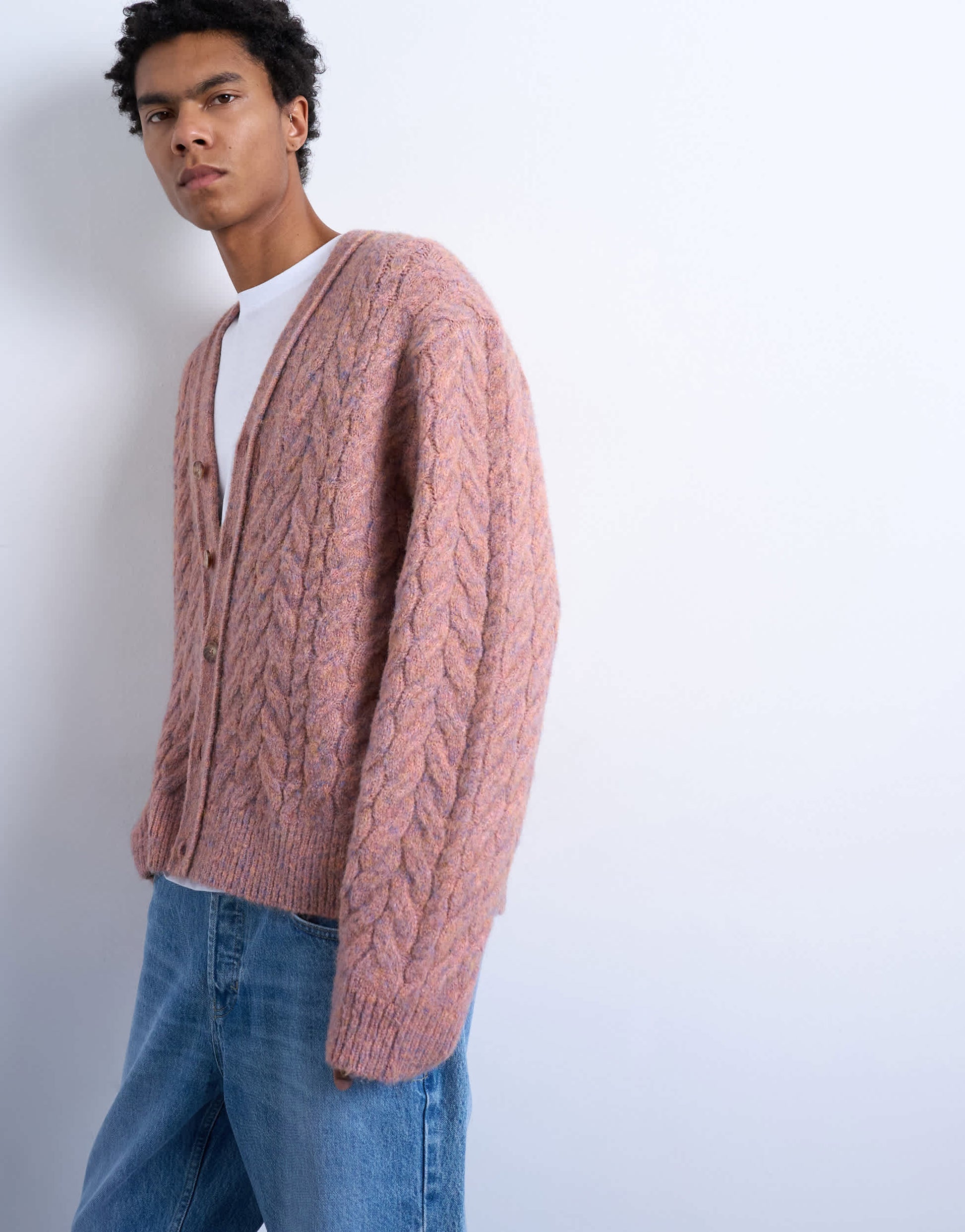 Topman regular fit cable knitted cardigan in pink