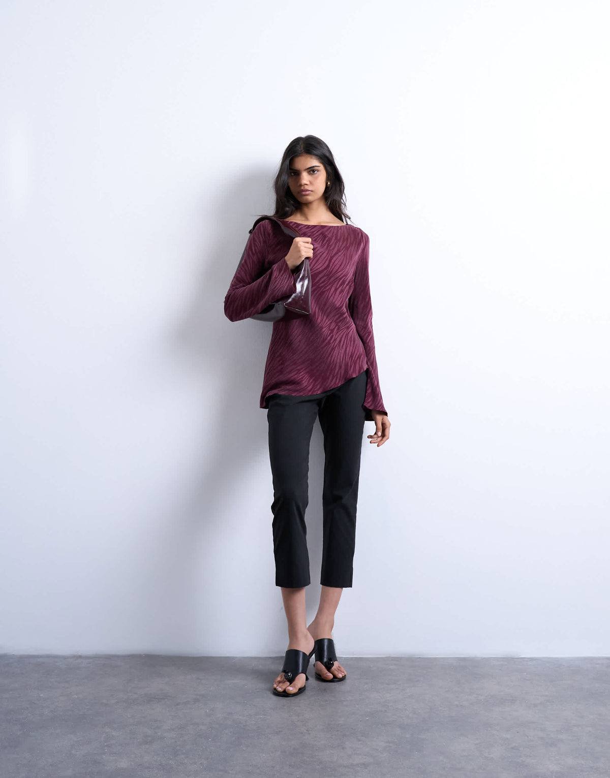 Topshop jacquard zebra slash neck long sleeve in burgundy