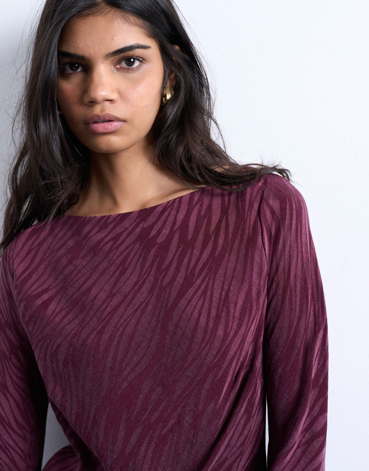 Topshop jacquard zebra slash neck long sleeve in burgundy