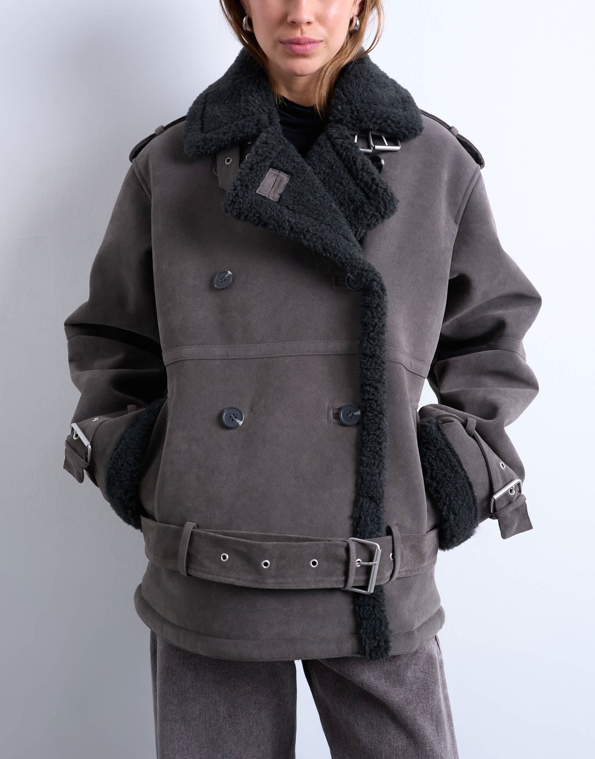 Topshop cropped funnel neck aviator shearling coat in grey