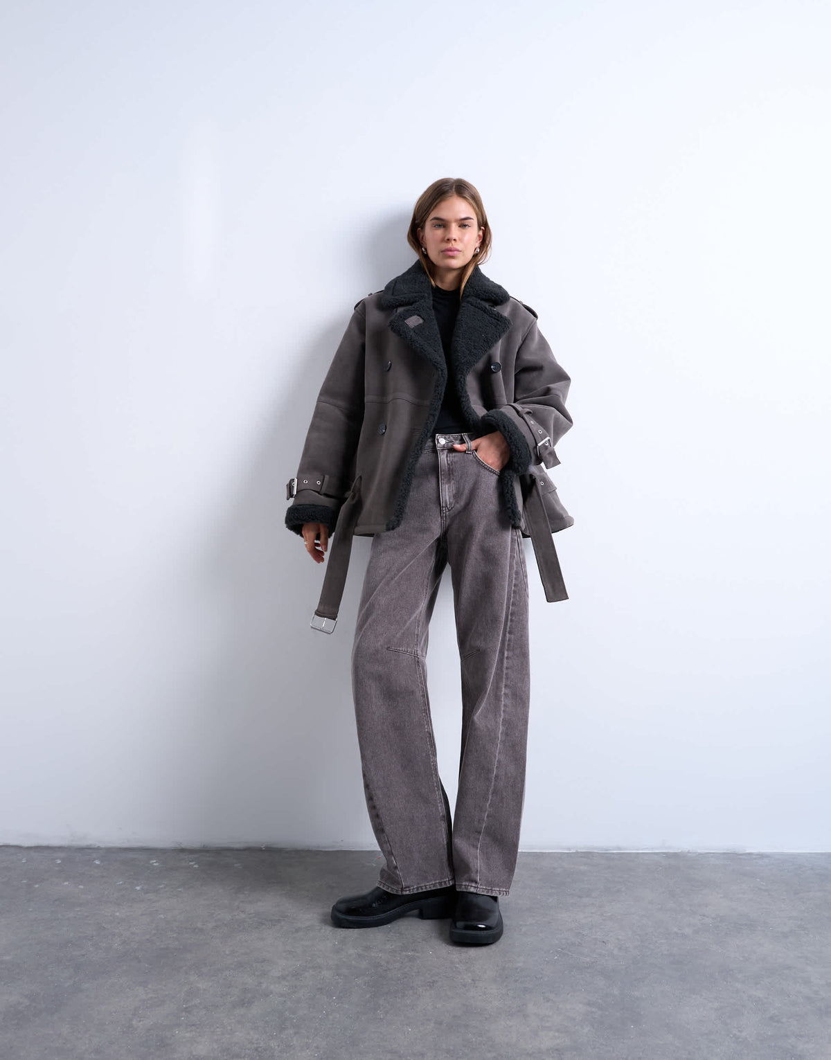 Topshop cropped funnel neck aviator shearling coat in grey
