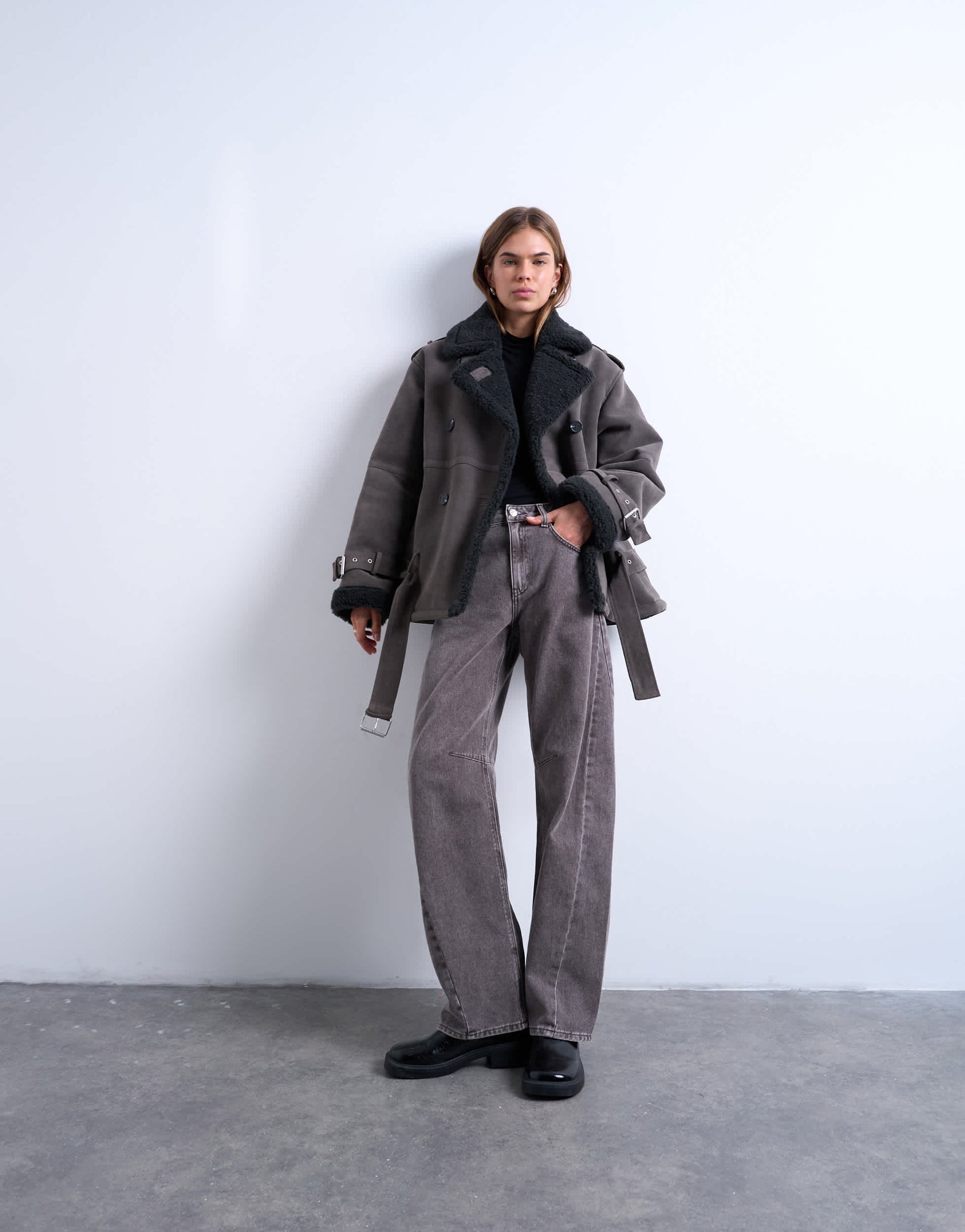 Topshop cropped funnel neck aviator shearling coat in grey