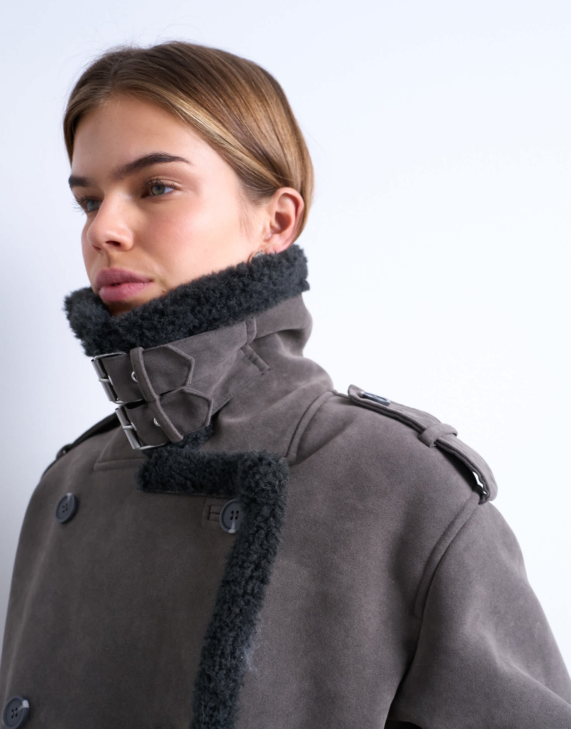 Topshop cropped funnel neck aviator shearling coat in grey