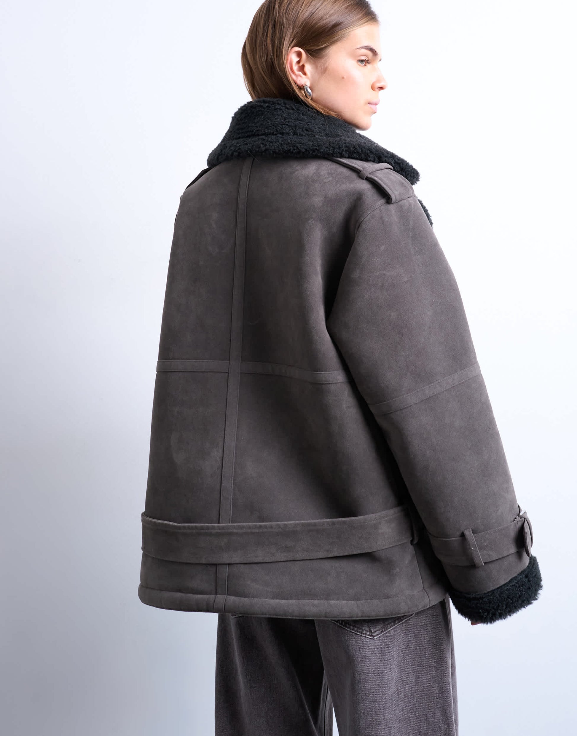 Topshop cropped funnel neck aviator shearling coat in grey