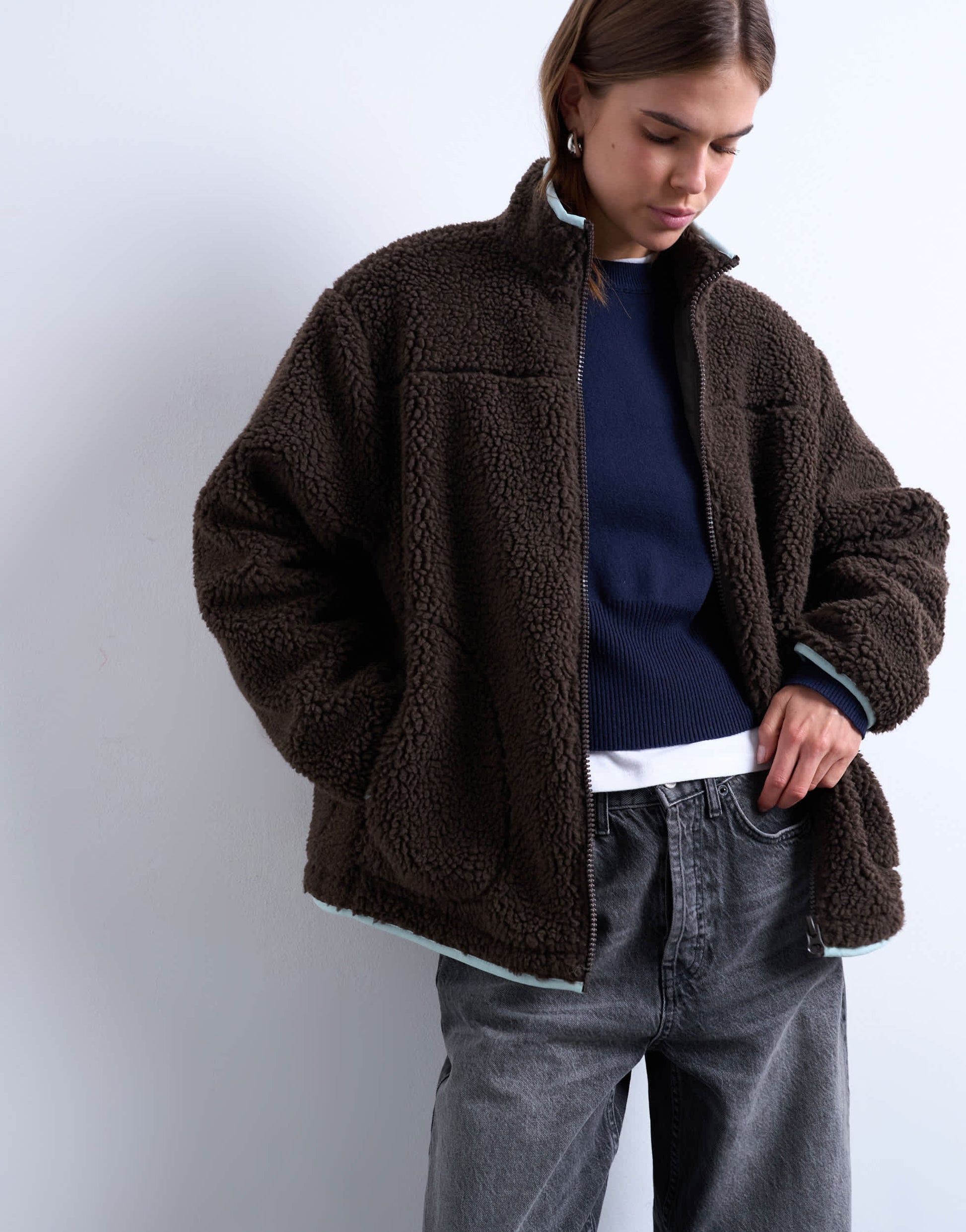 Topshop borg fleece jacket with contrast piping in brown