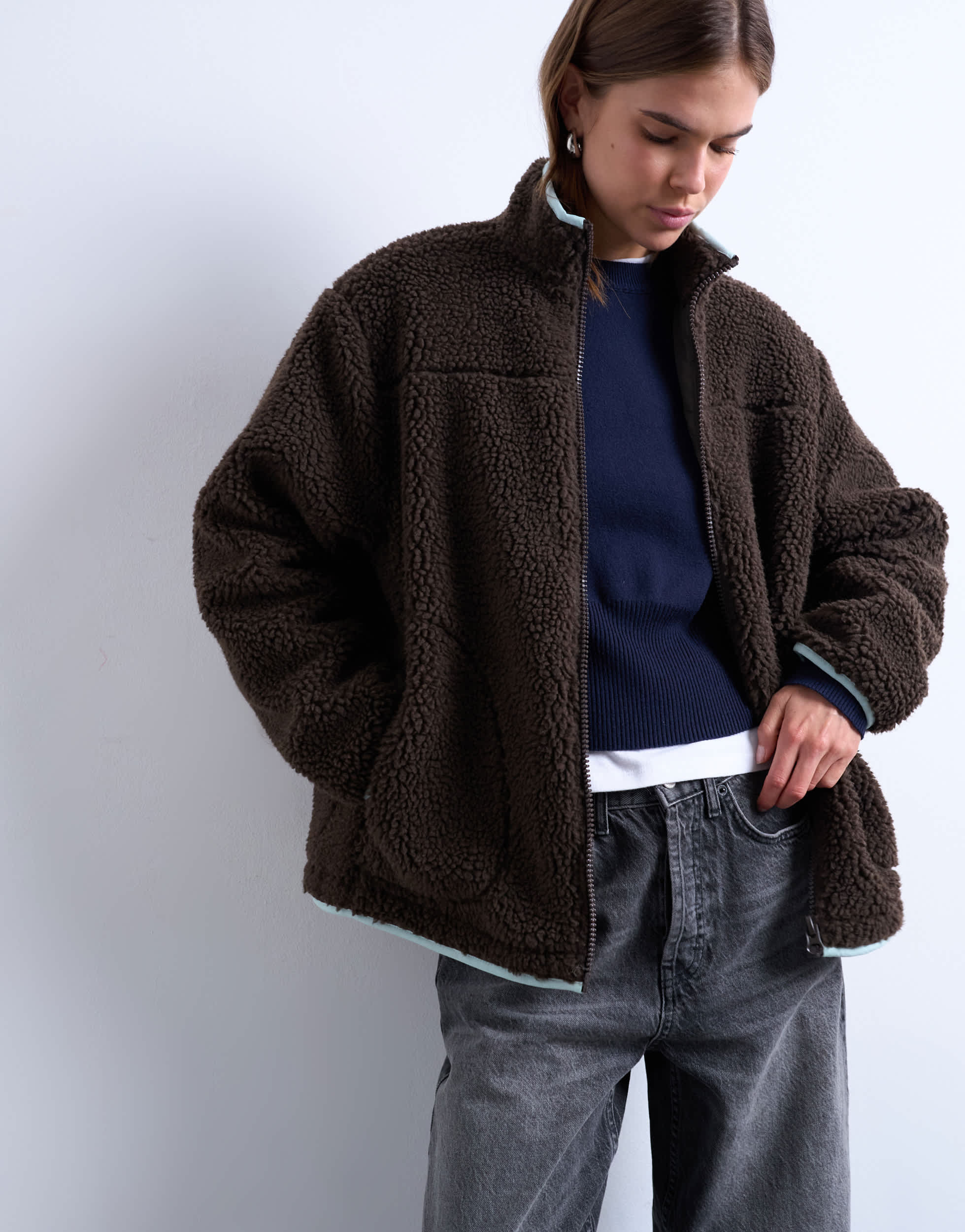 Topshop borg fleece jacket with contrast piping in brown