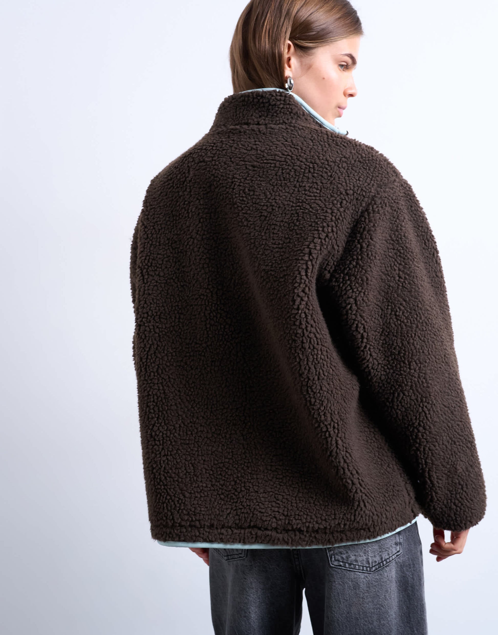 Topshop borg fleece jacket with contrast piping in brown