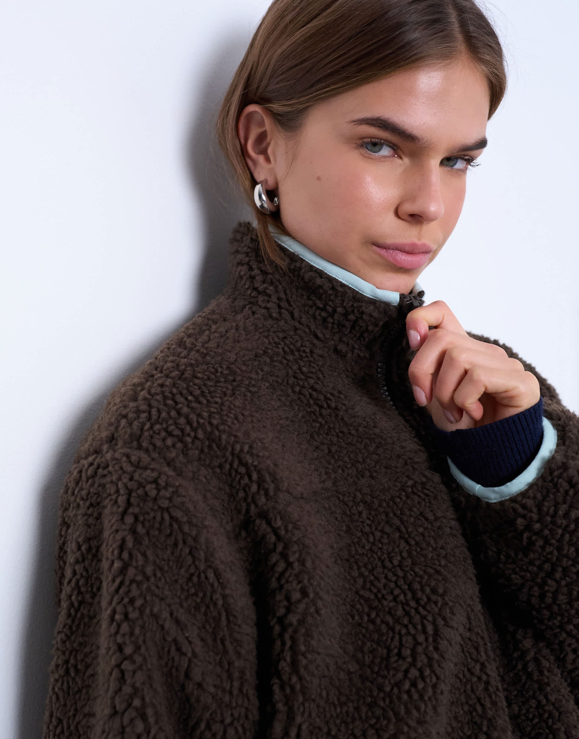 Topshop borg fleece jacket with contrast piping in brown