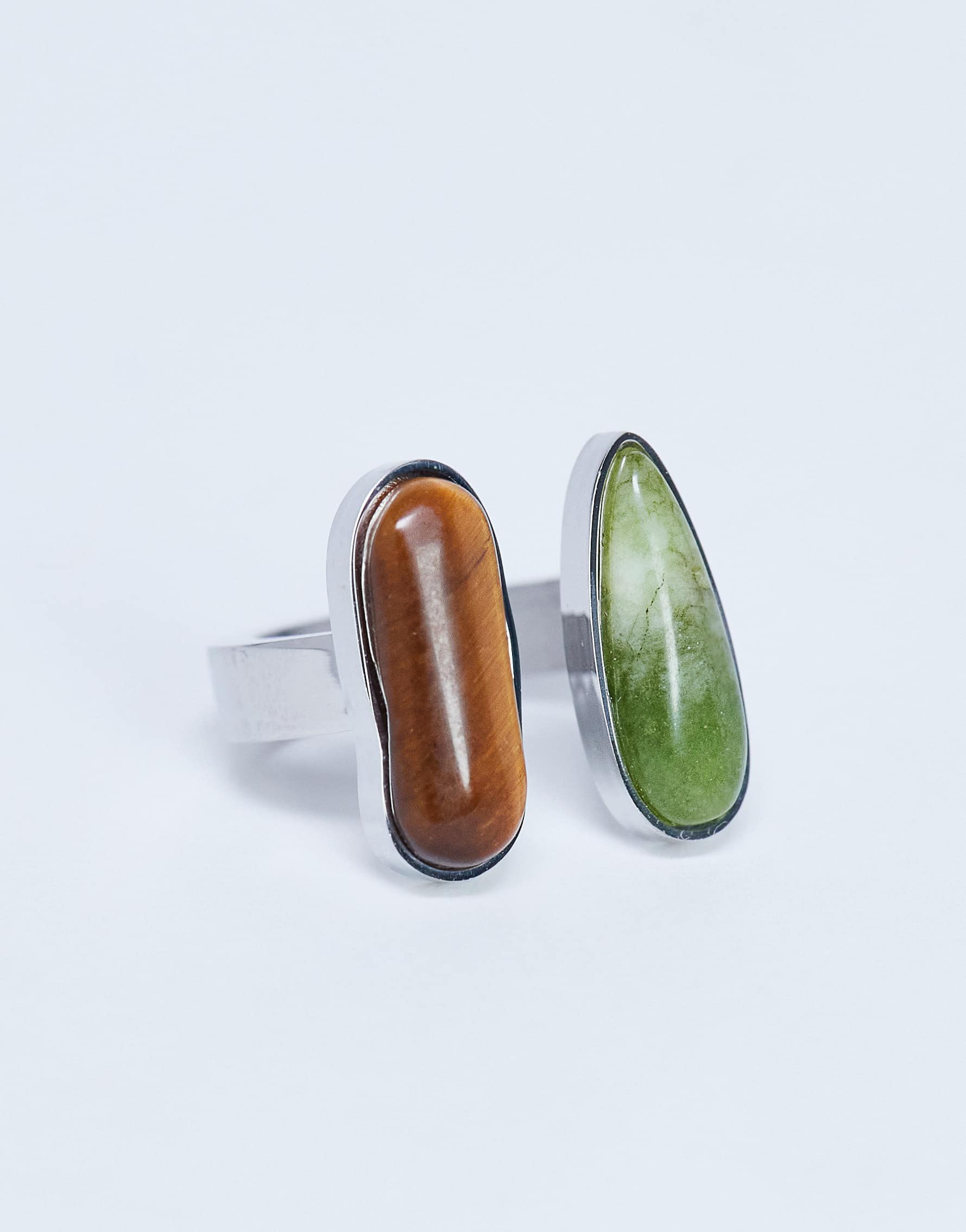 Topshop Rosie stainless steel ring with green & tiger semi precious stones in silver tone