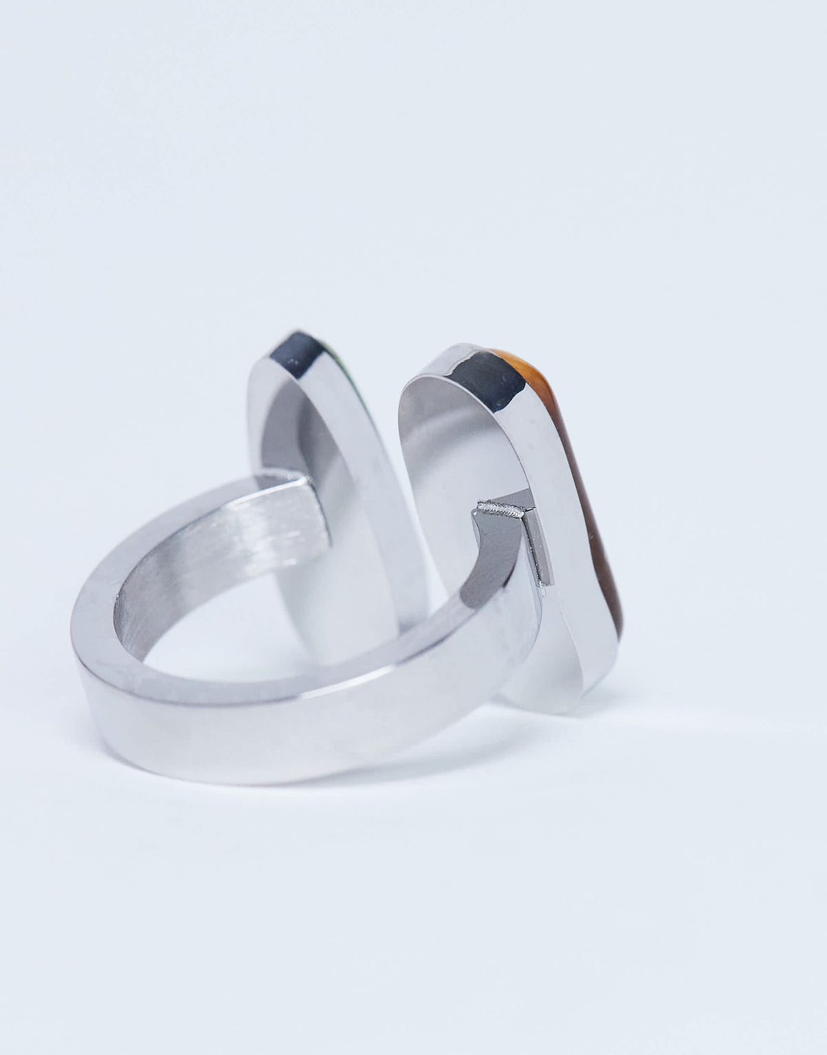 Topshop Rosie stainless steel ring with green & tiger semi precious stones in silver tone