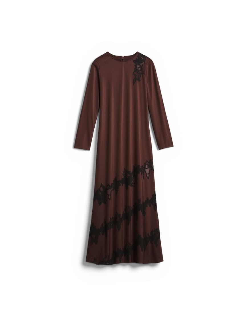 Topshop cutwork lace insert long sleeve maxi dress in chocolate