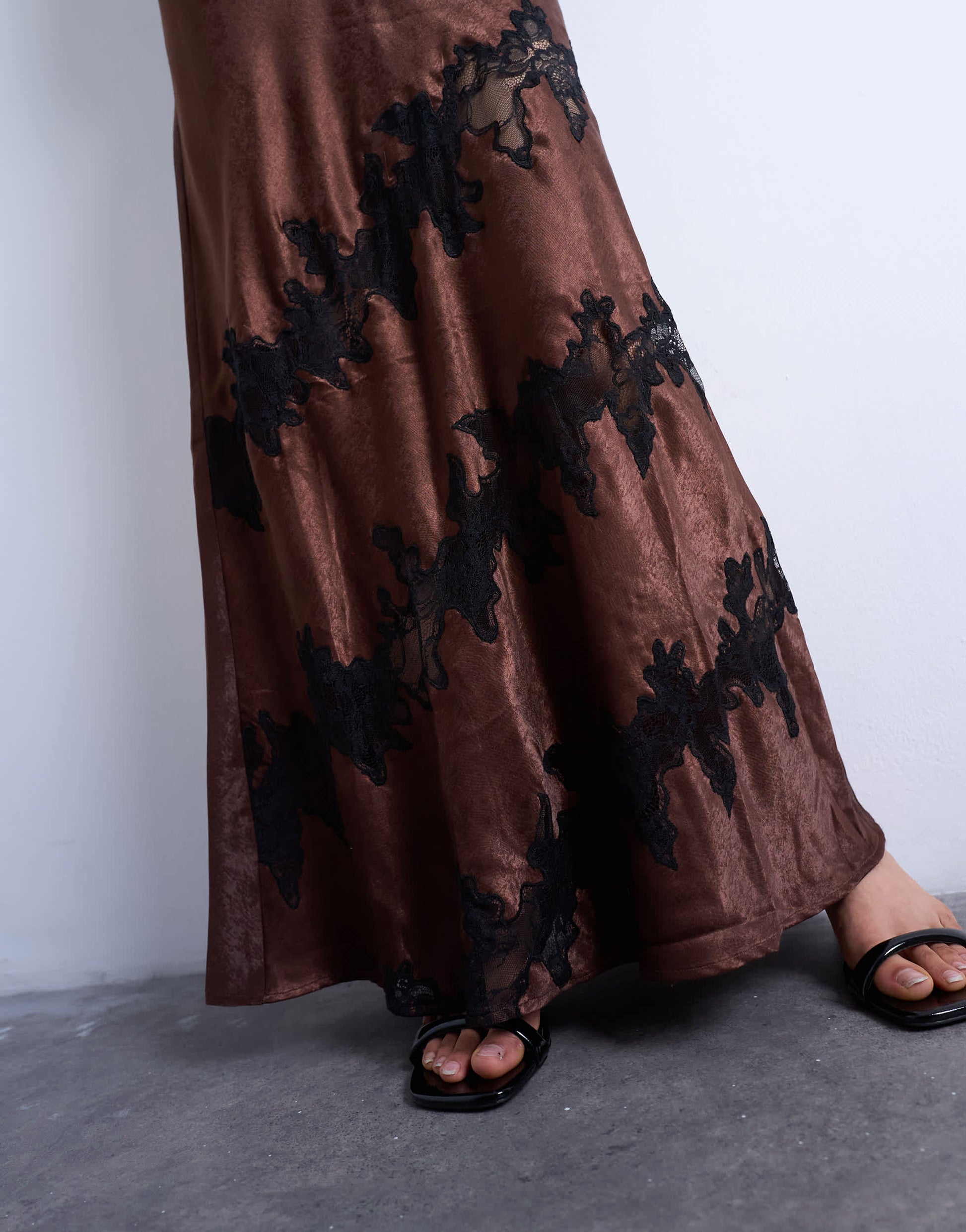 Topshop cutwork lace insert long sleeve maxi dress in chocolate