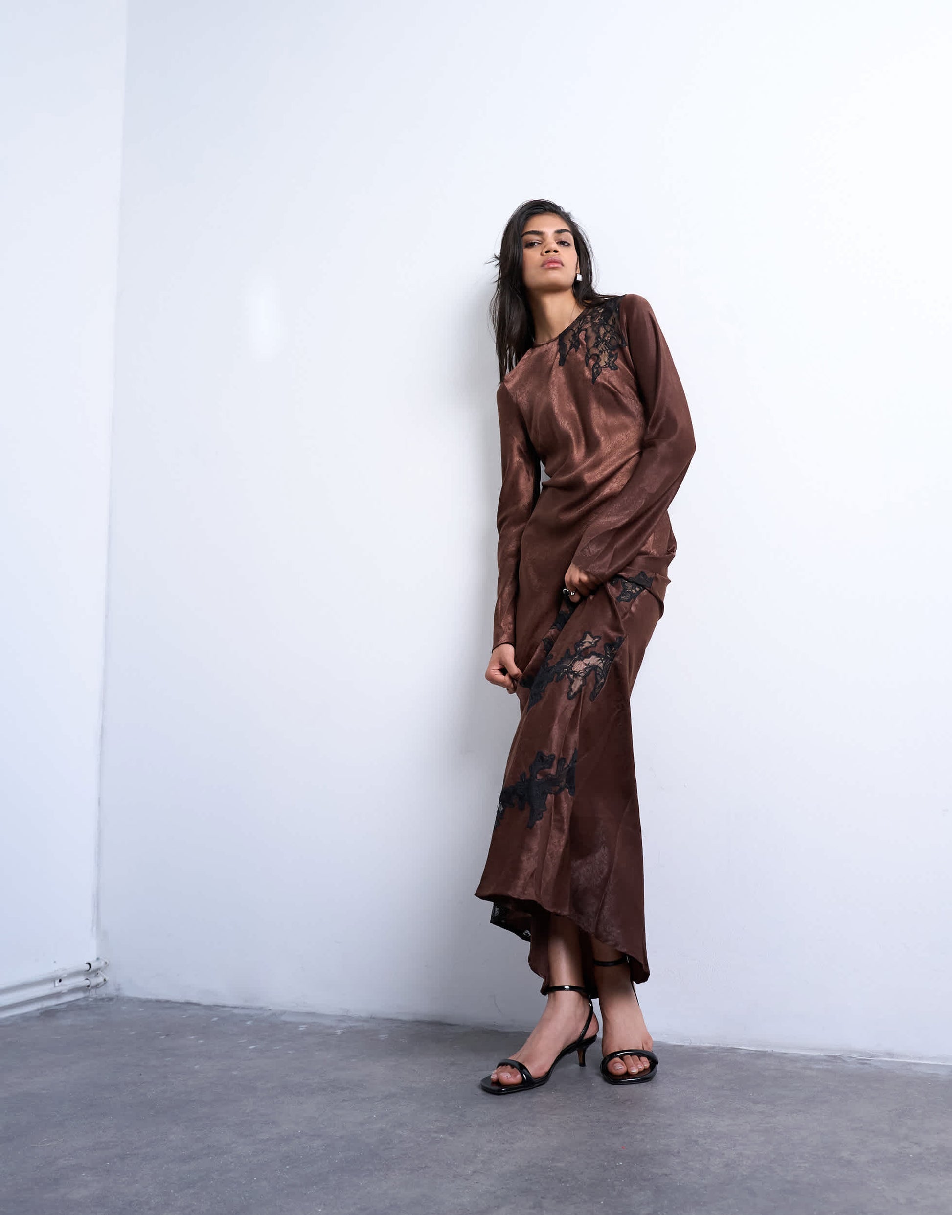 Topshop cutwork lace insert long sleeve maxi dress in chocolate