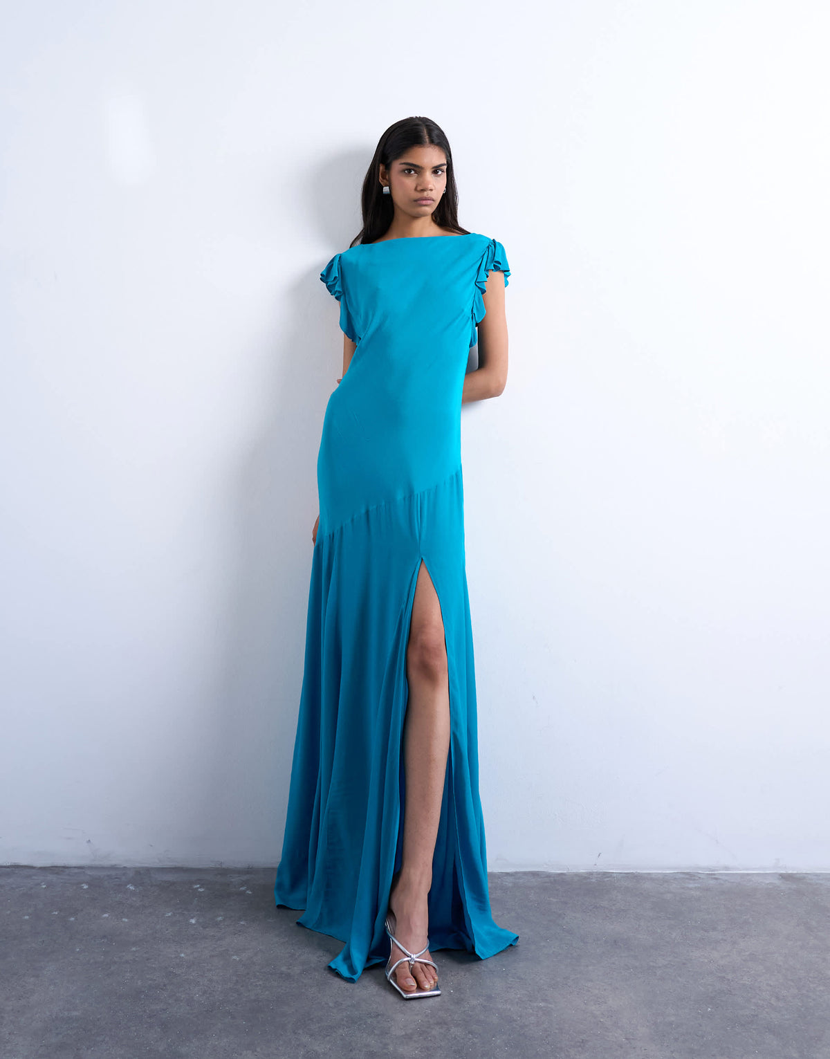 Topshop cowl back flutter sleeve maxi dress in airforce blue