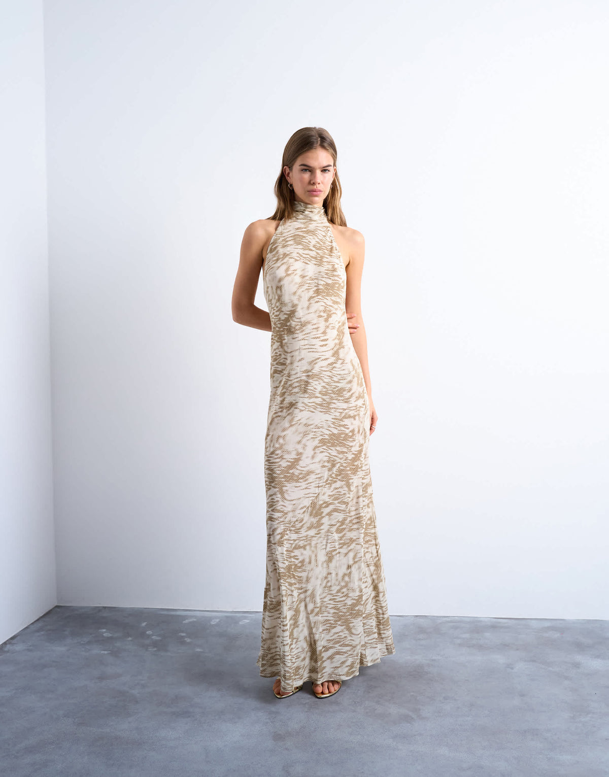 Topshop full neck halter midi dress in beige abstract zebra