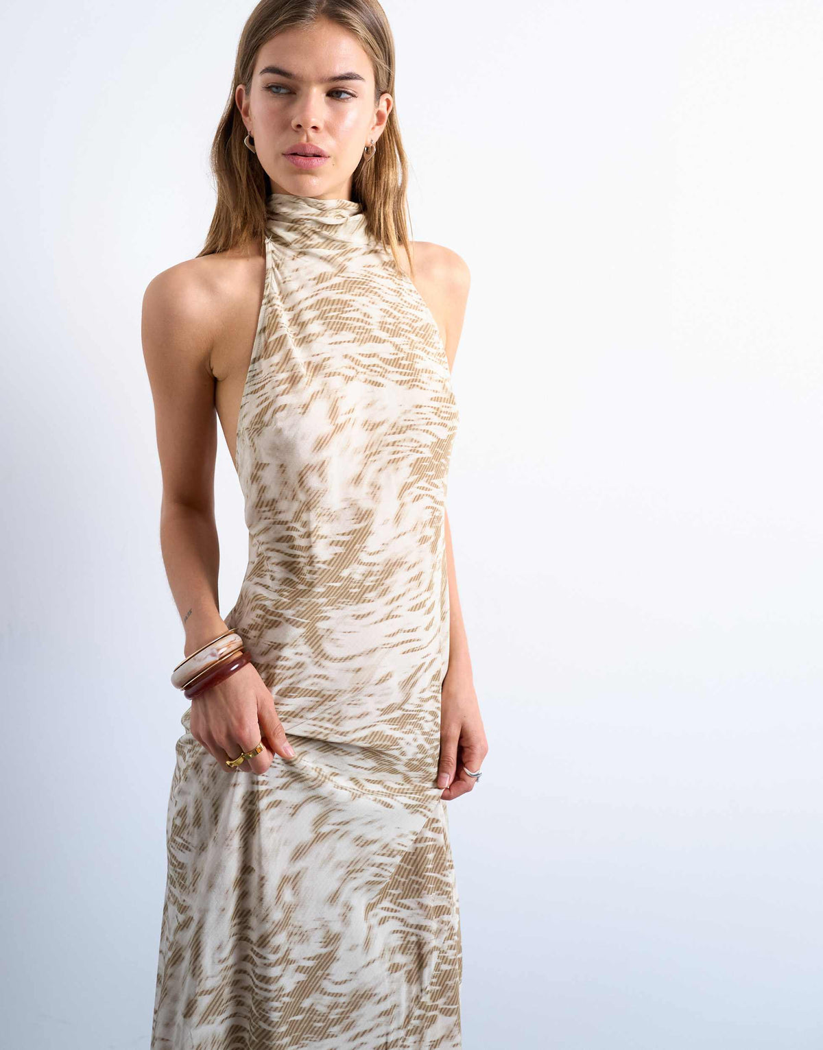 Topshop full neck halter midi dress in beige abstract zebra
