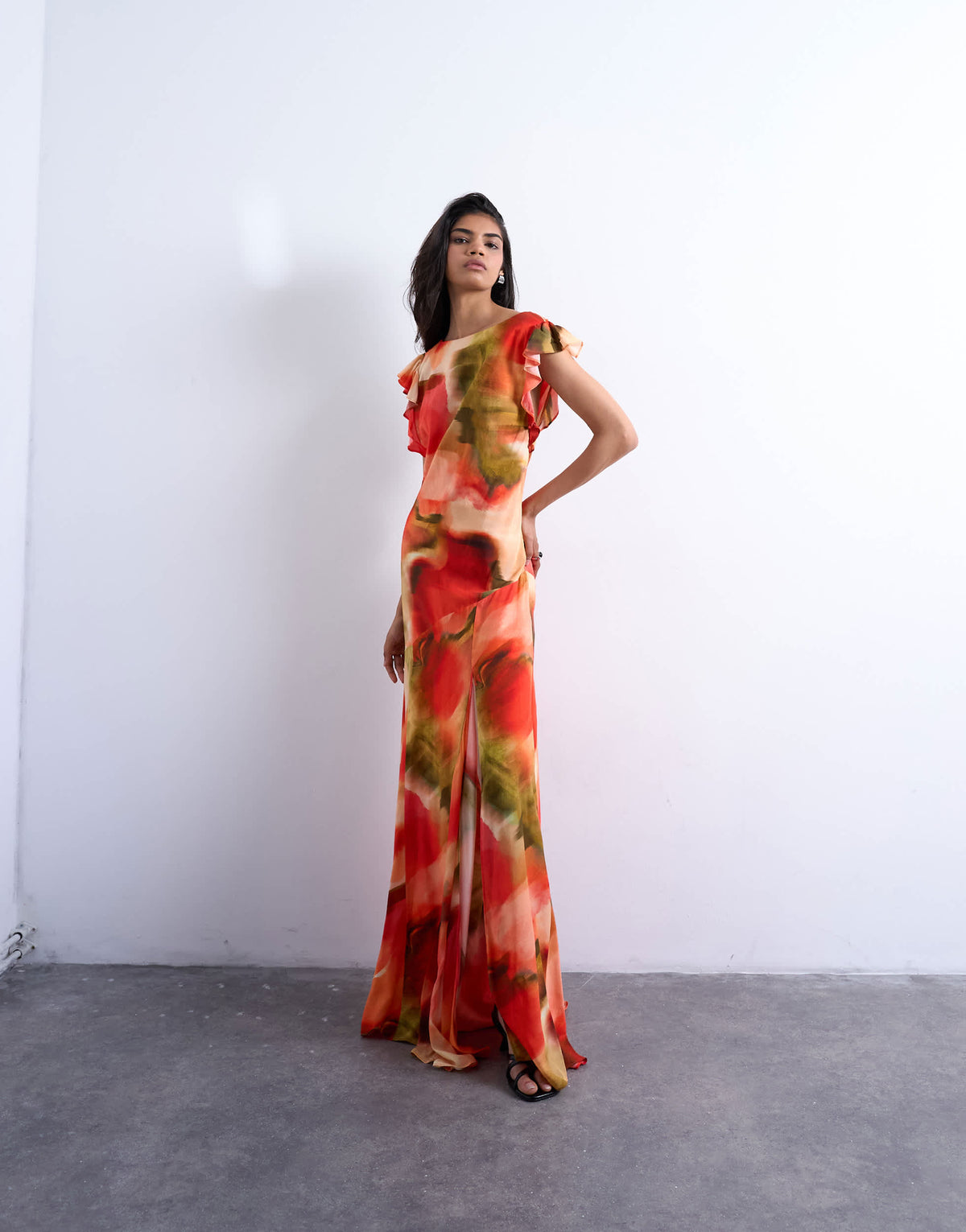 Topshop cowl back flutter sleeve maxi dress in abstract floral