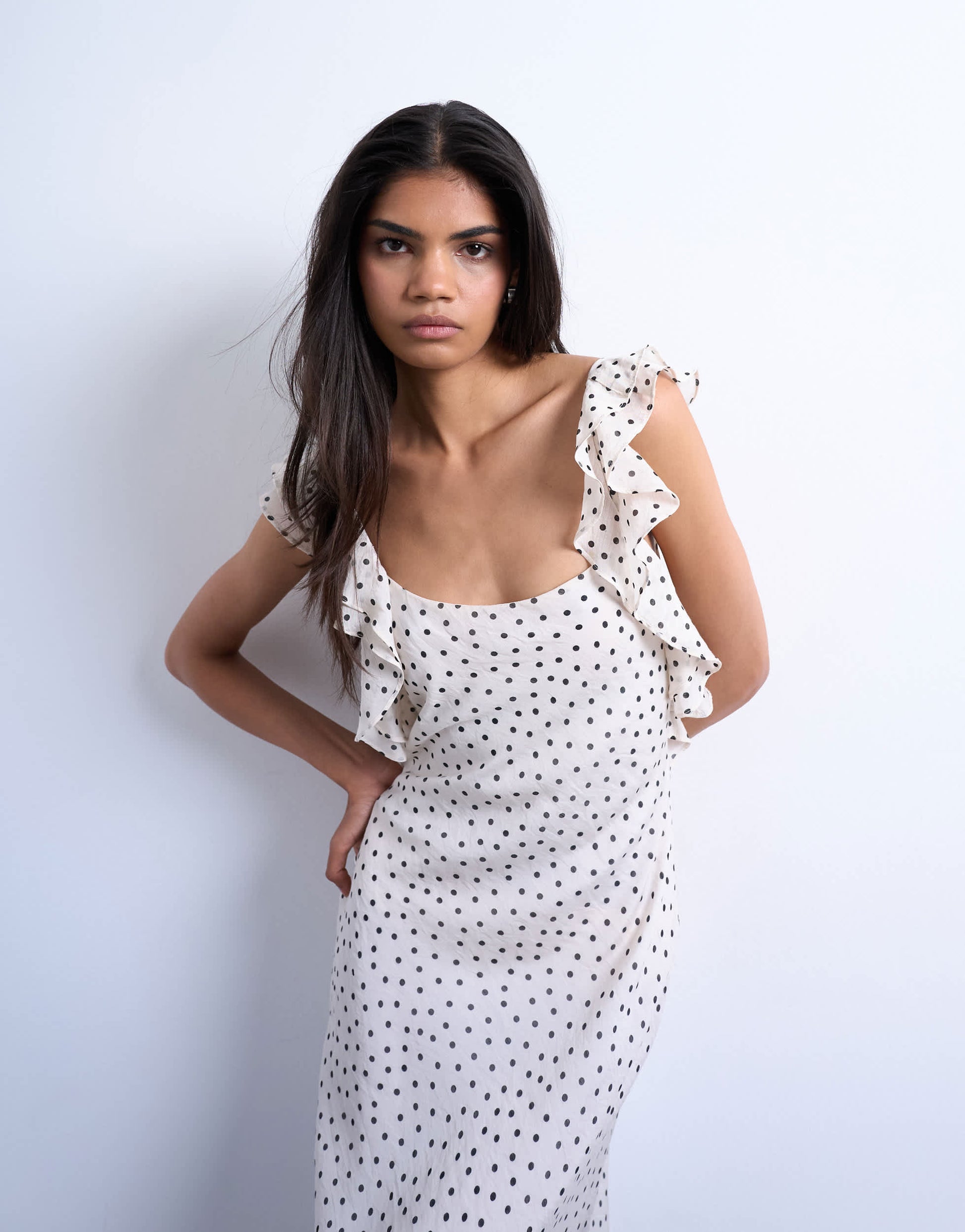 Topshop ruffle shoulder amalfi slip dress in mono spot