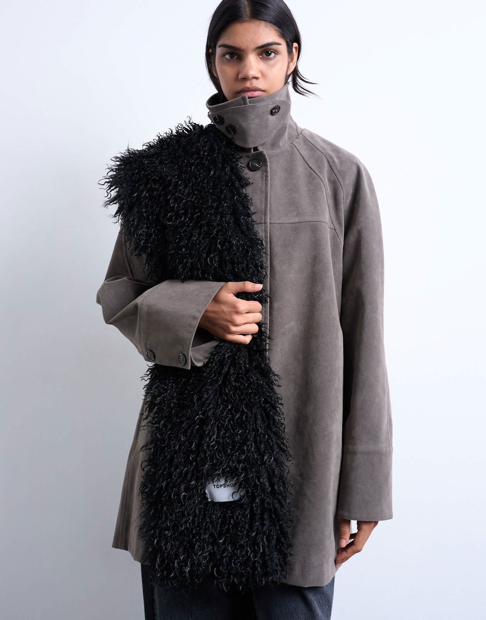Topshop Sara shaggy faux fur blanket scarf in black