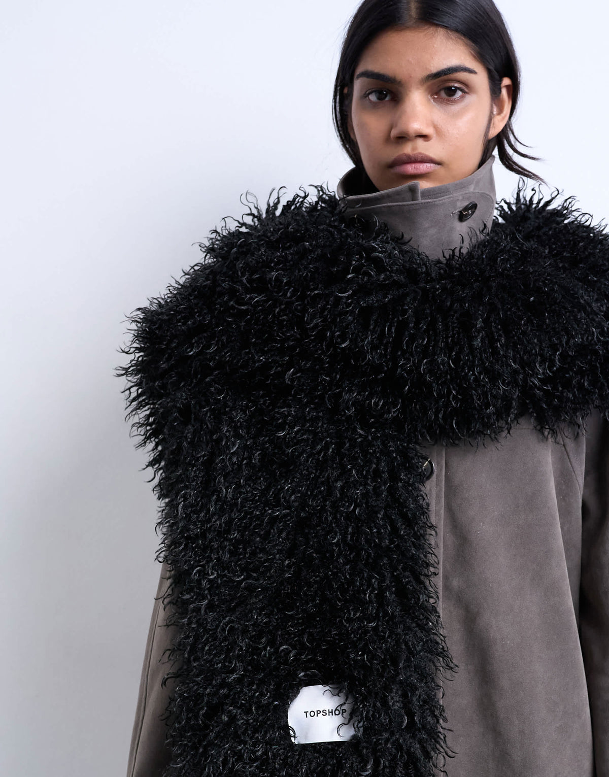 Topshop Sara shaggy faux fur blanket scarf in black