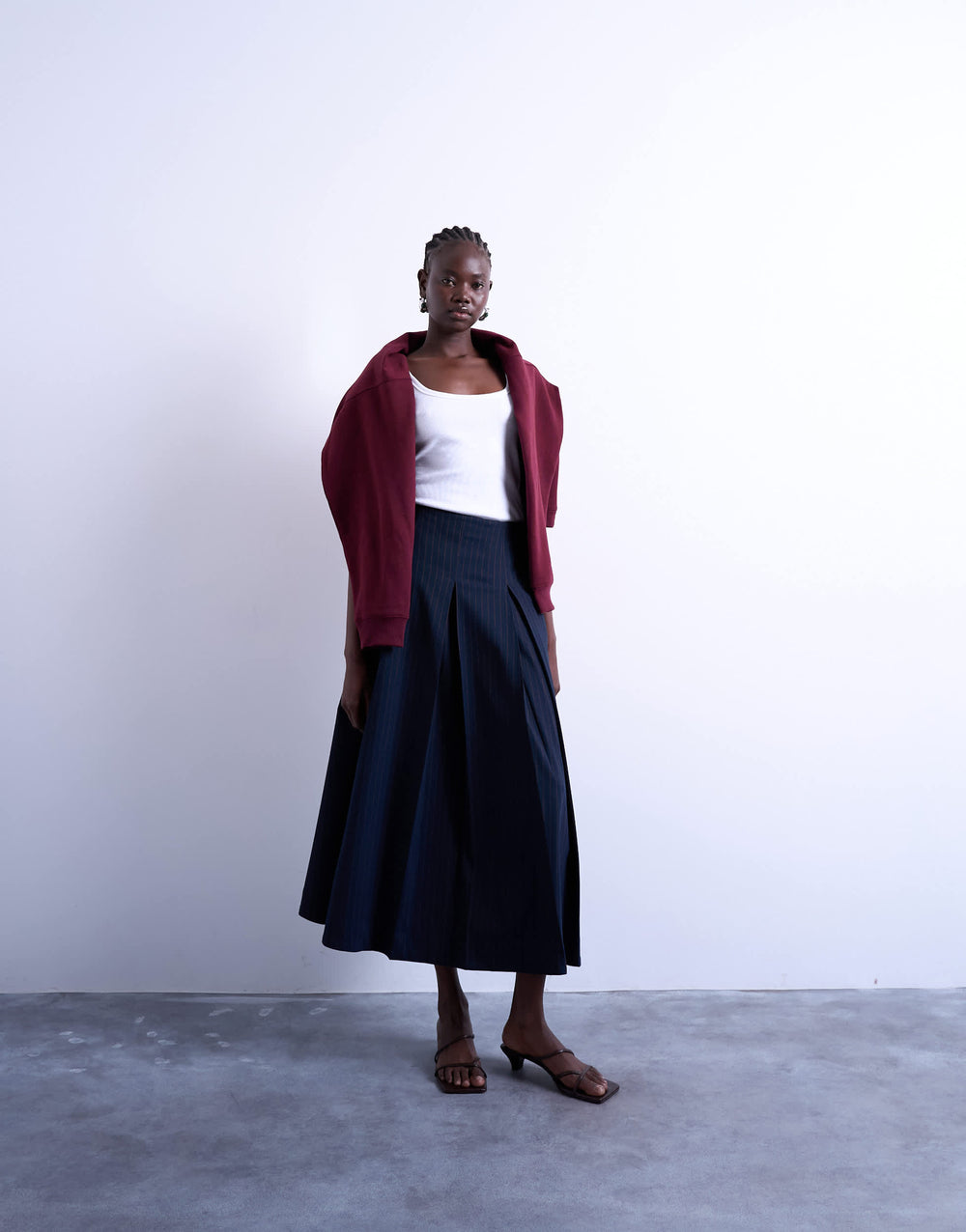 Topshop pleated midi skirt in navy with rust stripe