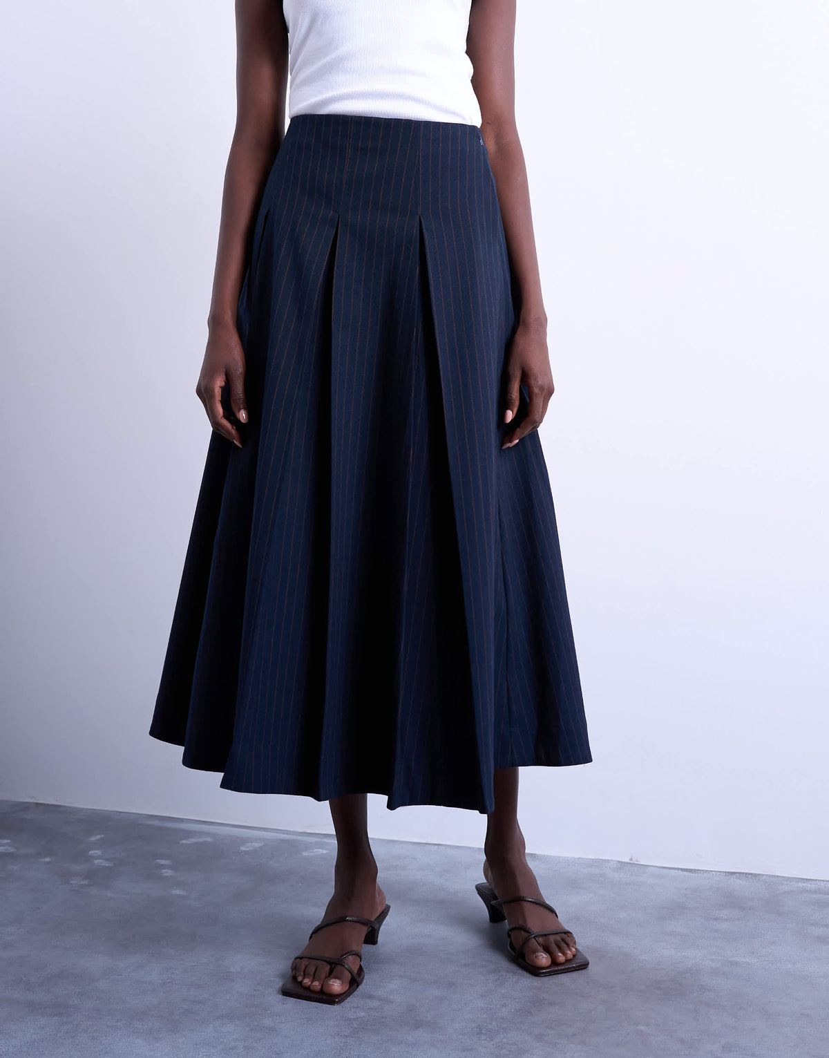 Topshop pleated midi skirt in navy with rust stripe