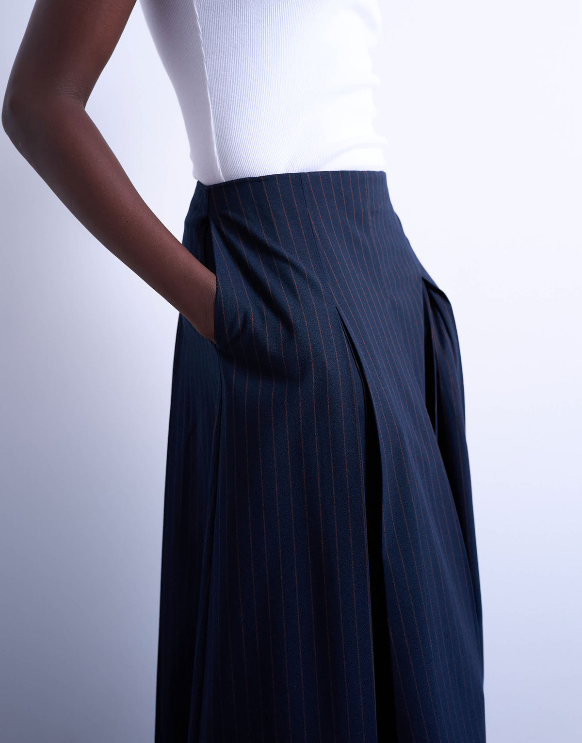 Topshop pleated midi skirt in navy with rust stripe