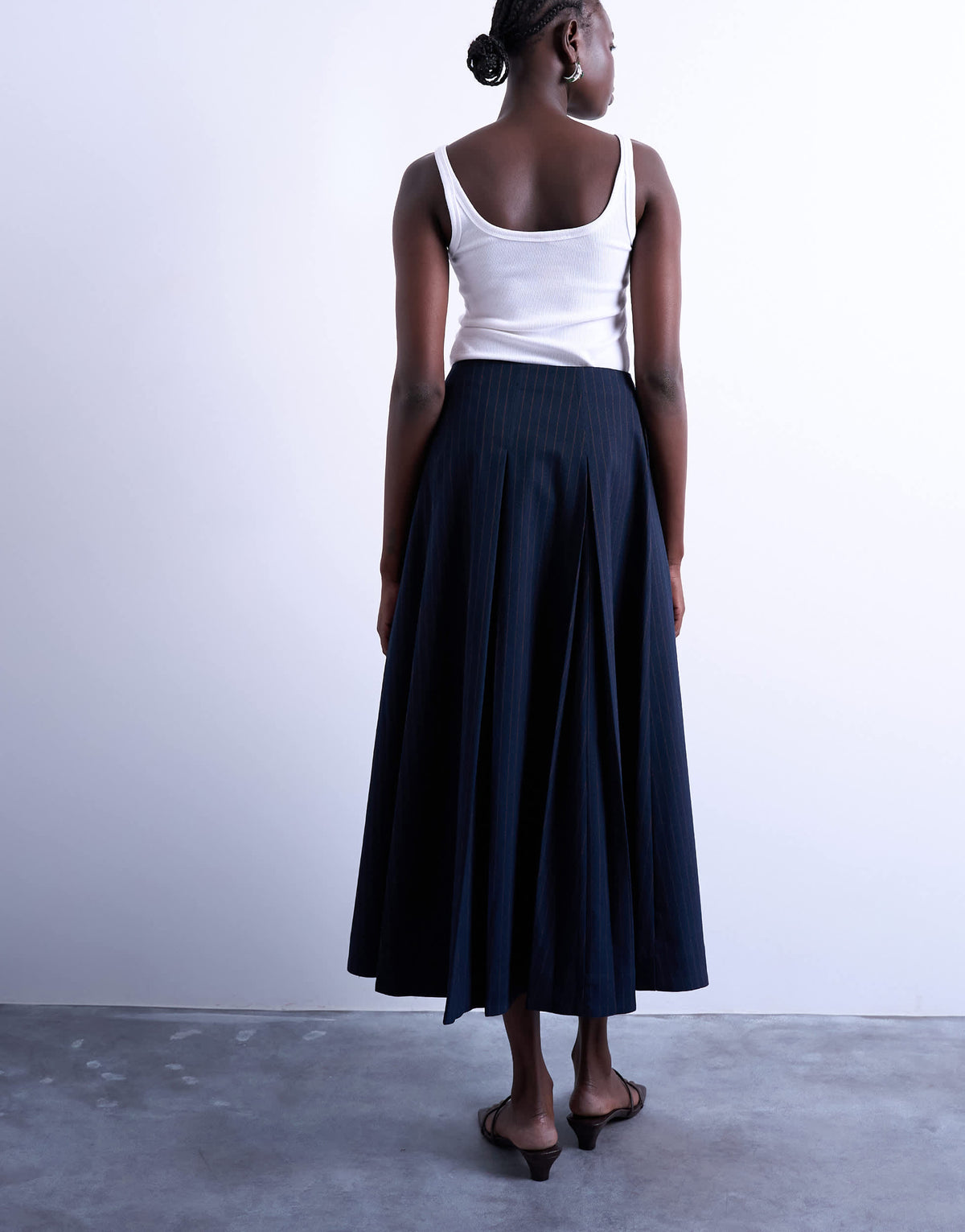 Topshop pleated midi skirt in navy with rust stripe