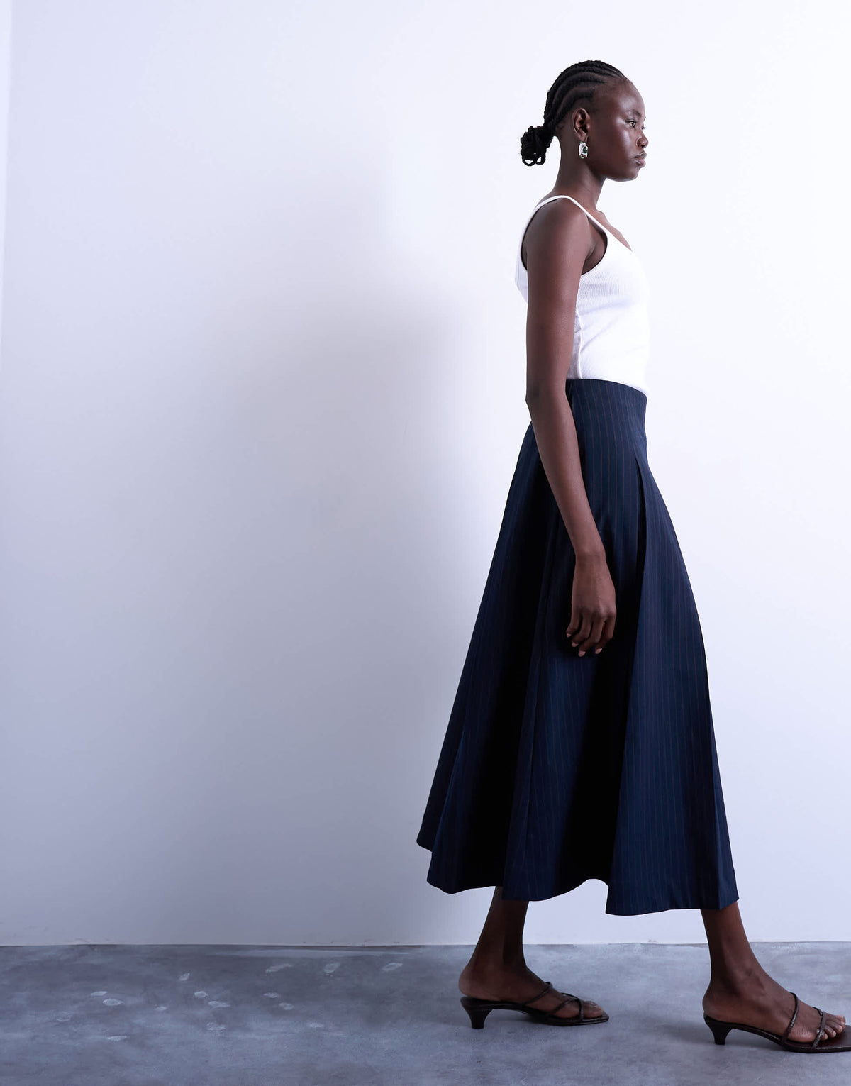 Topshop pleated midi skirt in navy with rust stripe