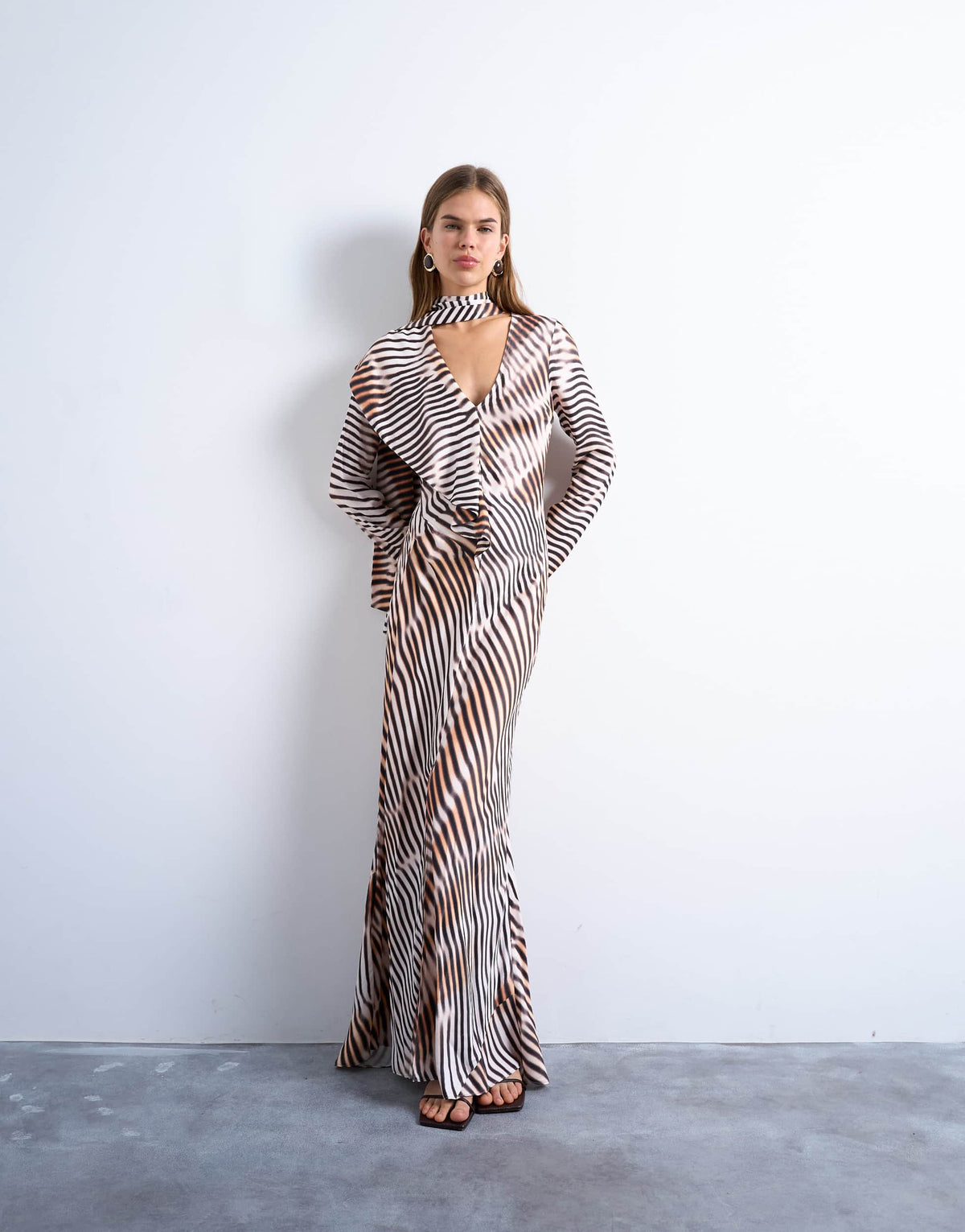 Topshop long sleeve ruffle maxi dress with scarf wrap detail in abstract stripe