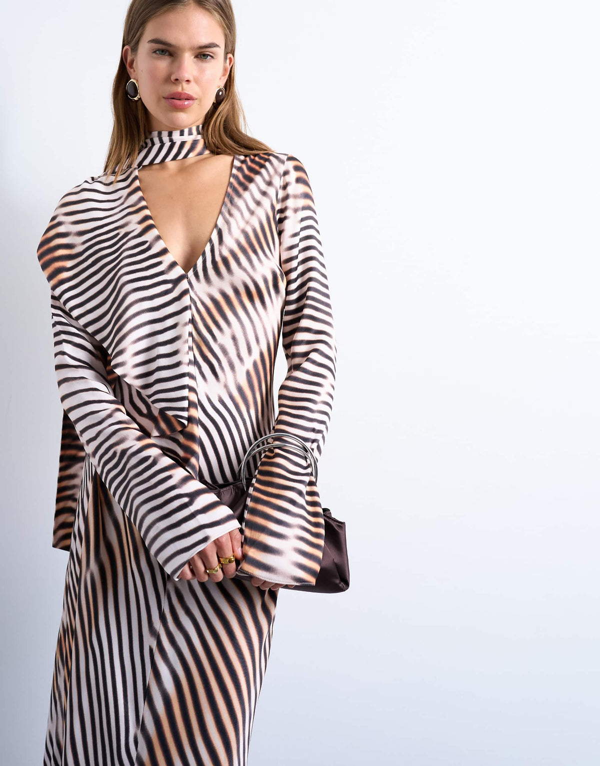 Topshop long sleeve ruffle maxi dress with scarf wrap detail in abstract stripe