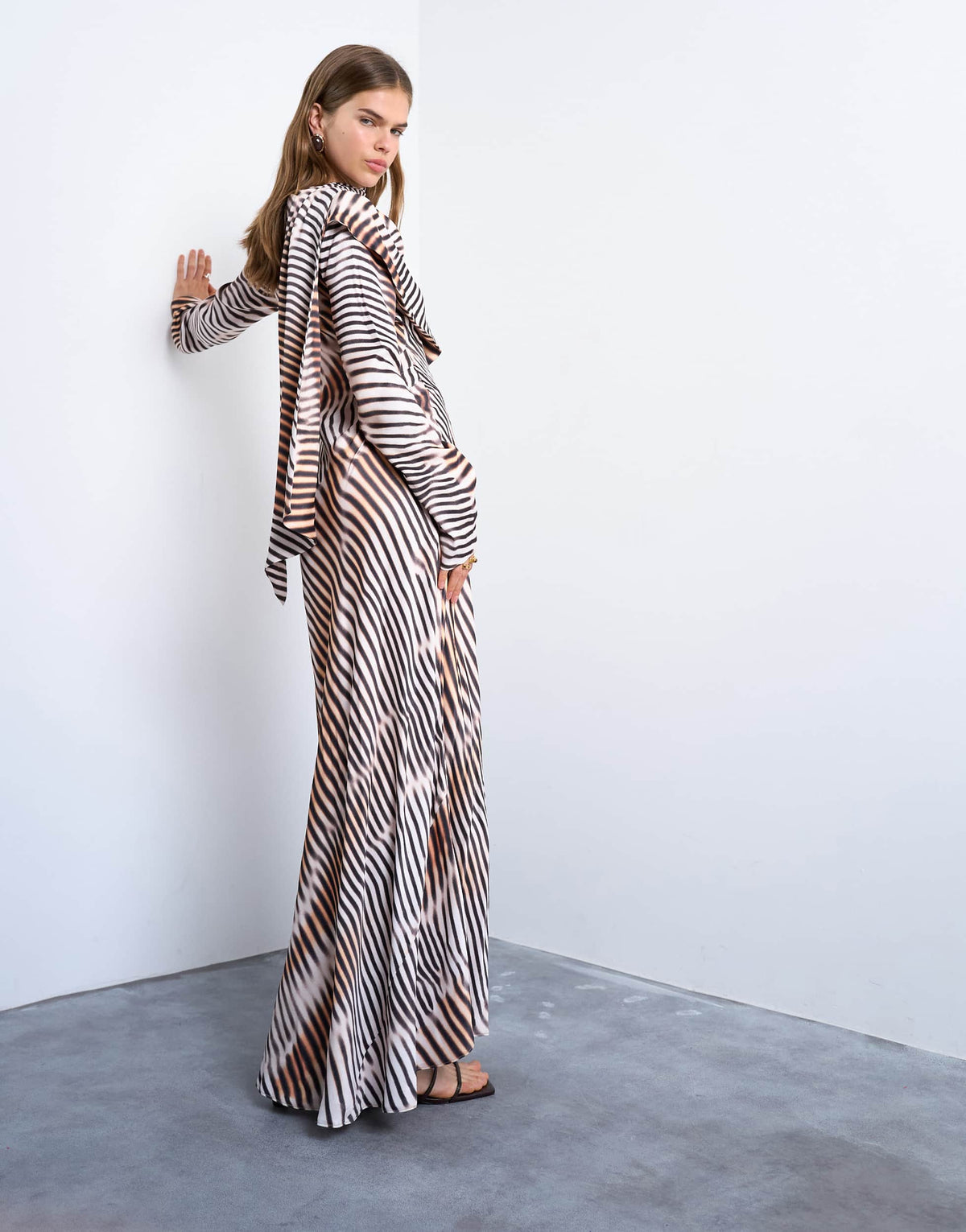 Topshop long sleeve ruffle maxi dress with scarf wrap detail in abstract stripe