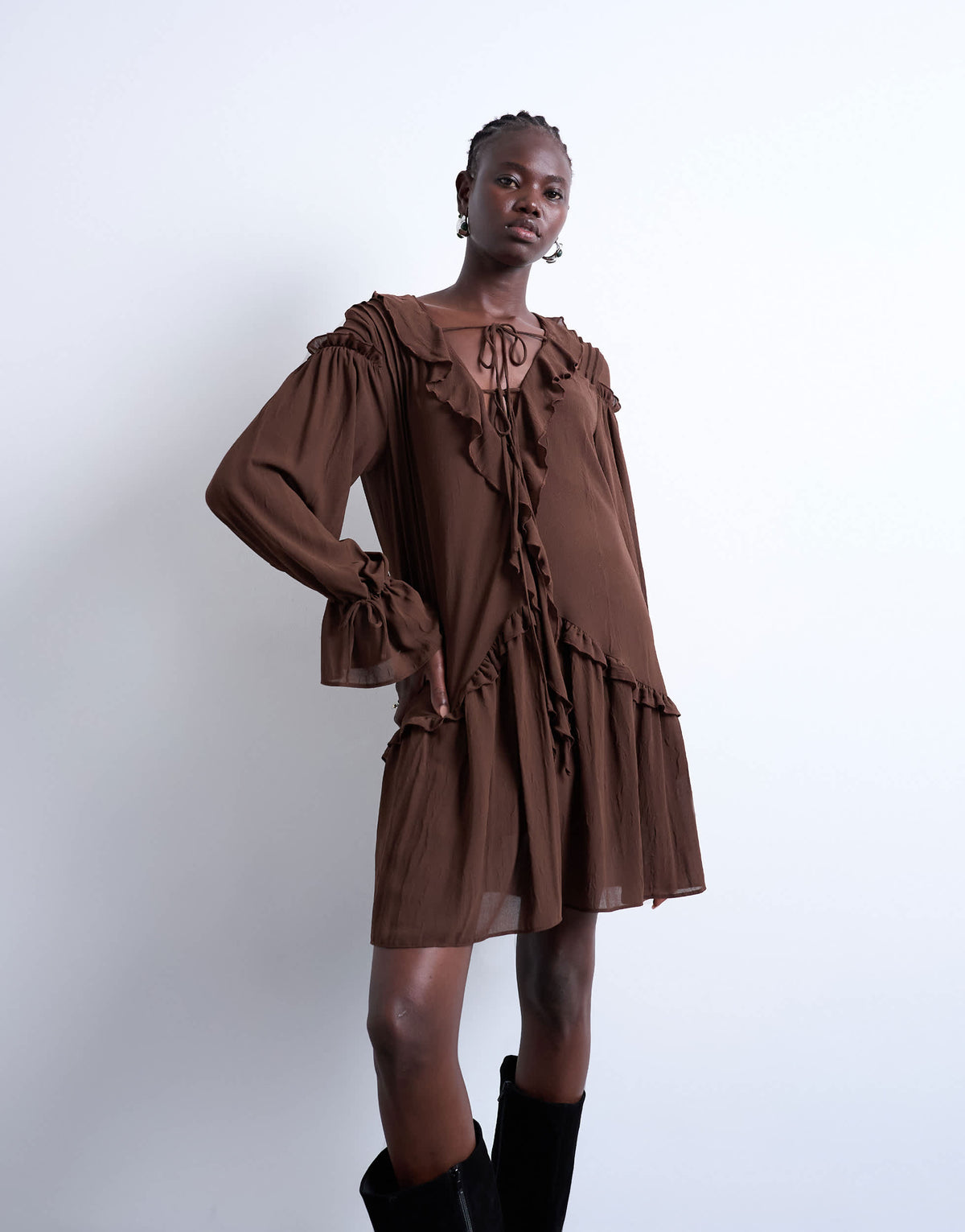 Topshop poet sleeve frill mini dress in coffee