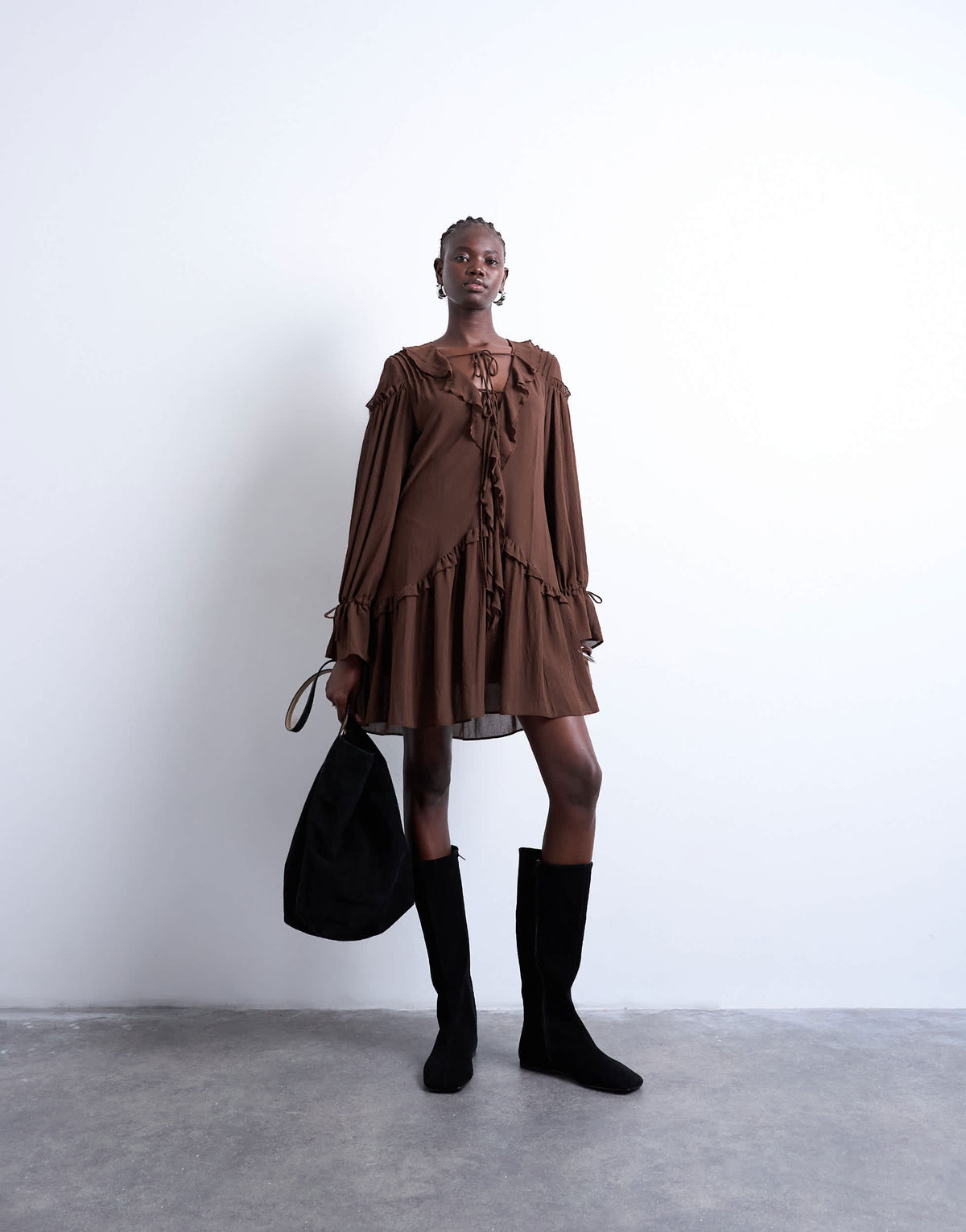 Topshop poet sleeve frill mini dress in coffee