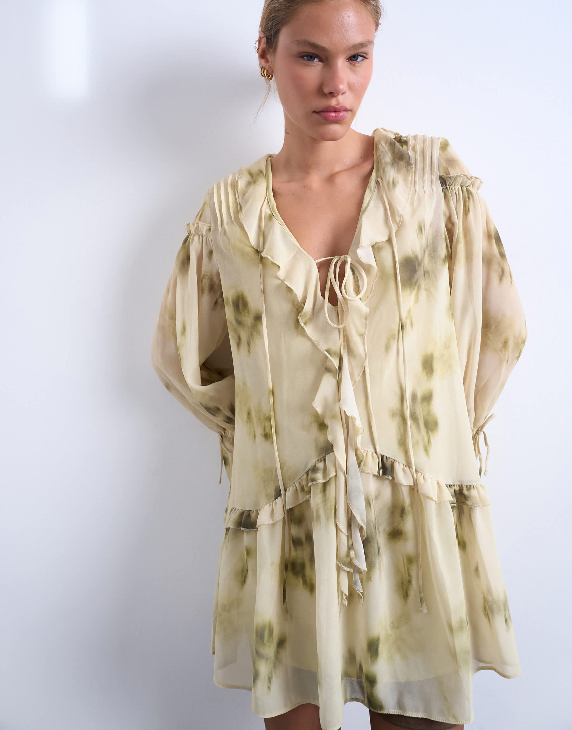 Topshop poet sleeve frill mini dress in green floral print