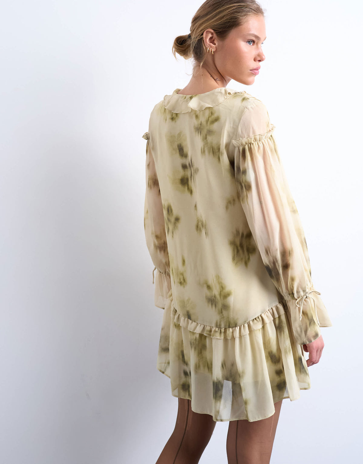 Topshop poet sleeve frill mini dress in green floral print