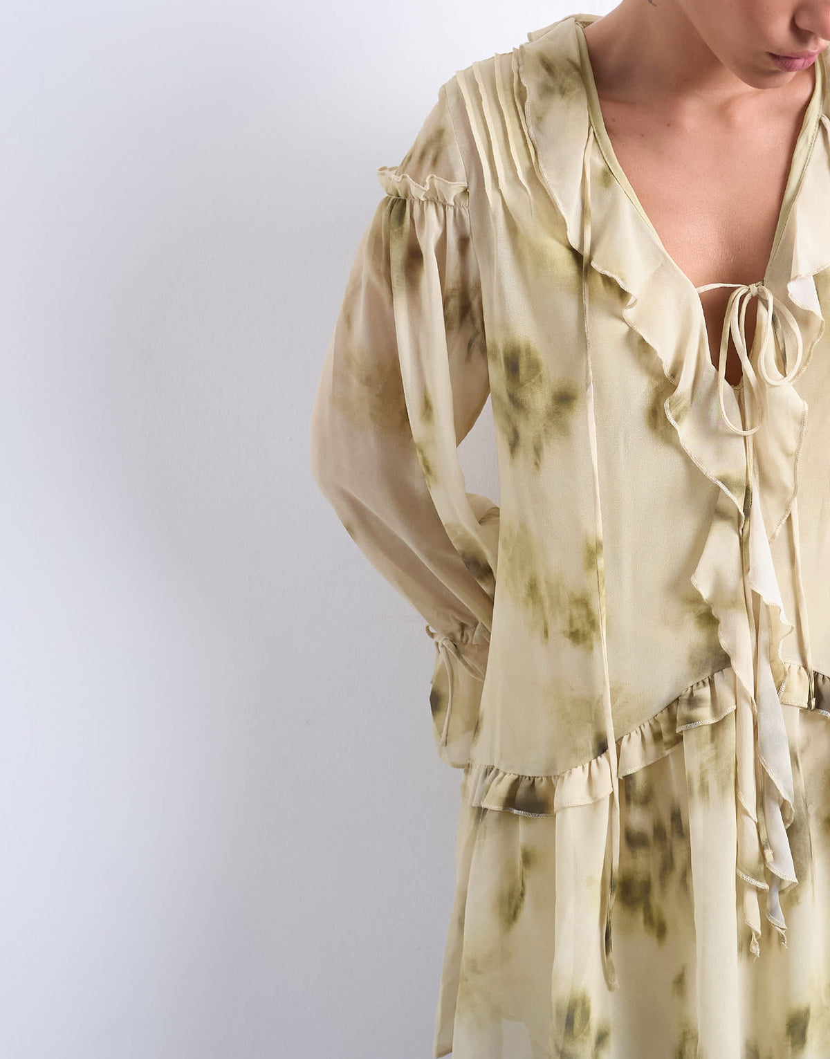 Topshop poet sleeve frill mini dress in green floral print