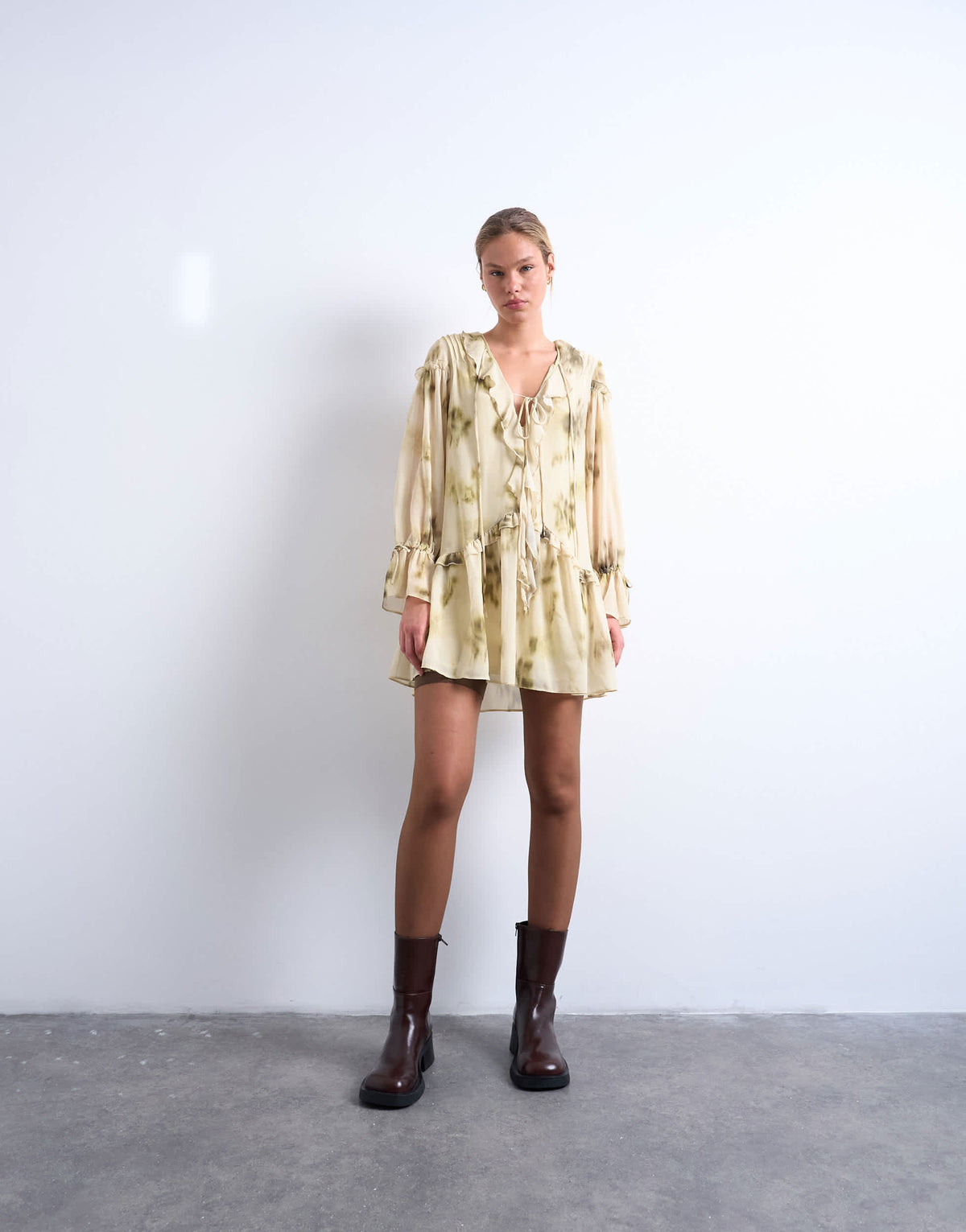 Topshop poet sleeve frill mini dress in green floral print