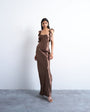 Topshop ruffle shoulder satin slip dress in chocolate
