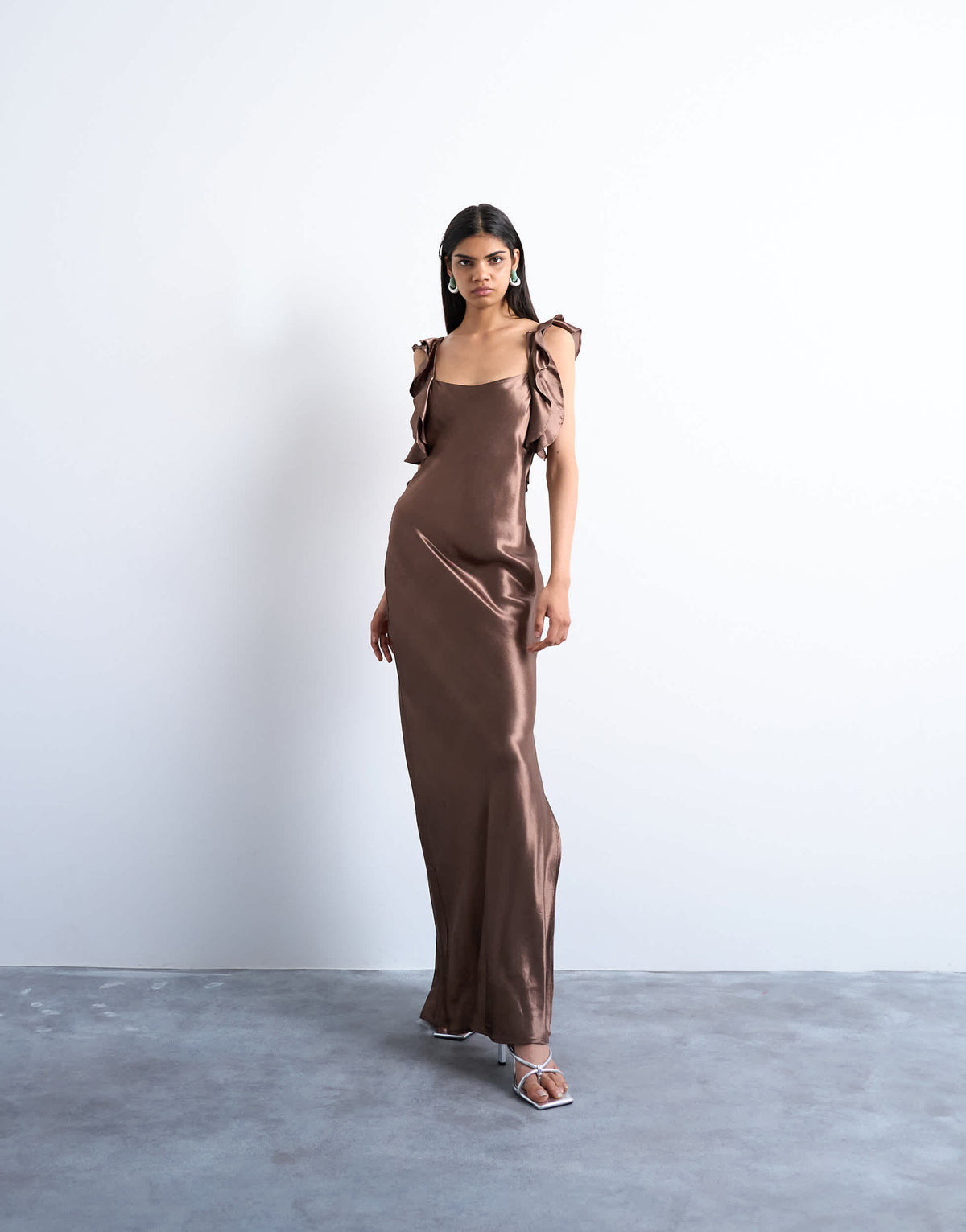 Topshop ruffle shoulder satin slip dress in chocolate